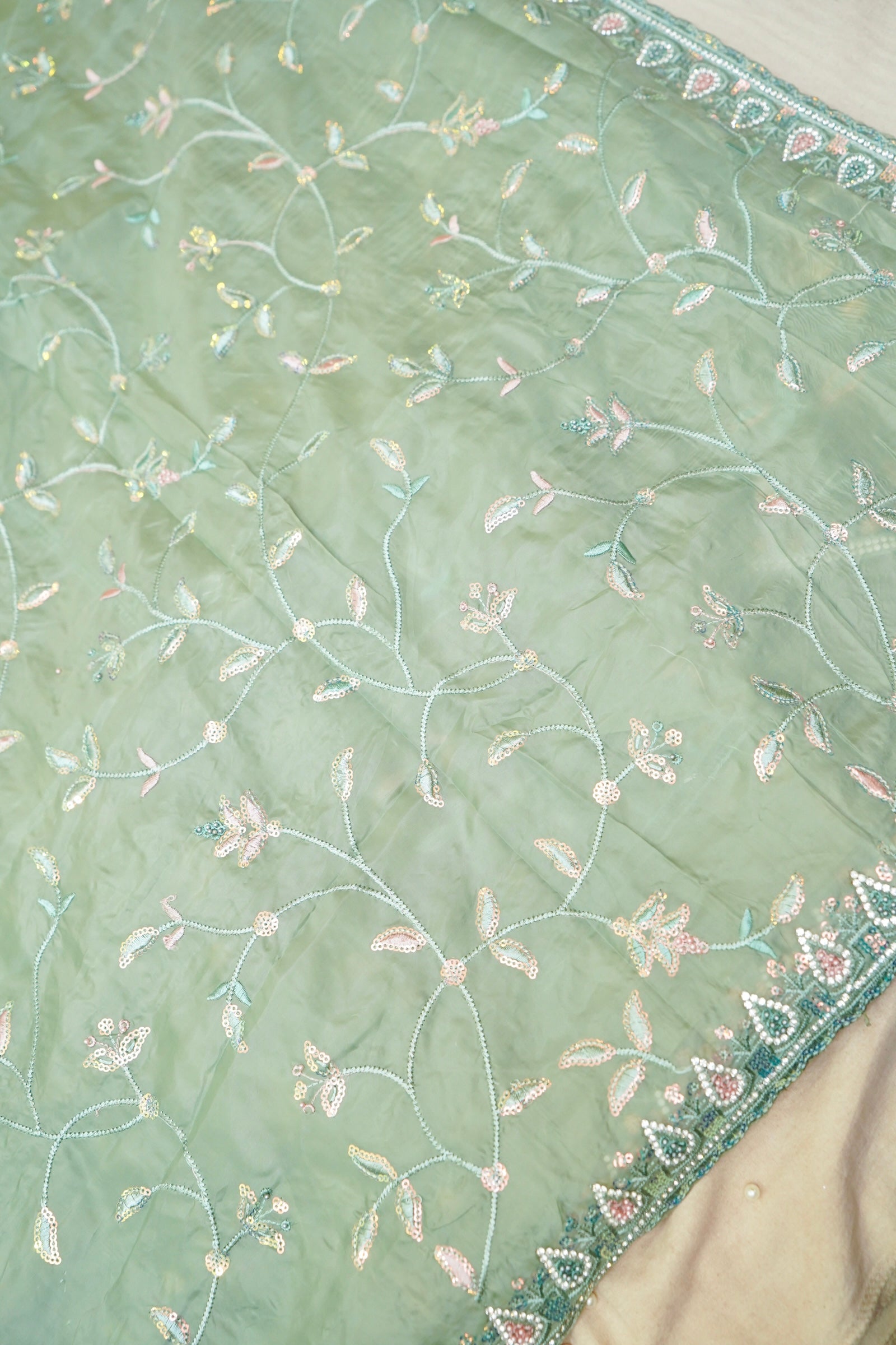 Seafoam Green Willow Vine Designer Tissue Saree with Rhinestone Work and Stitched Blouse