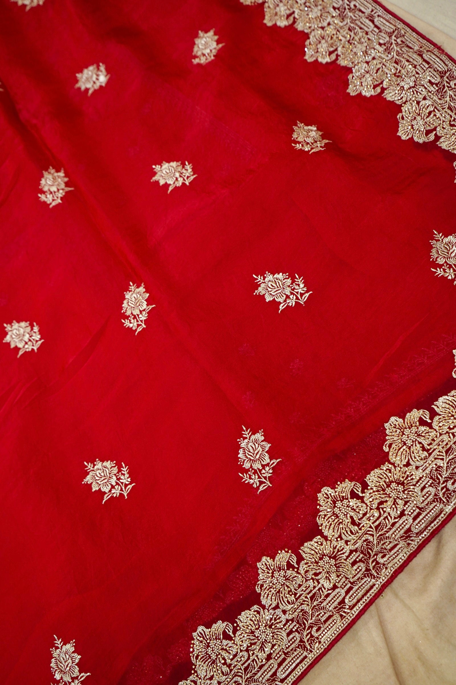 Hibiscus Motifs Designer Saree with Stitched Blouse – Ruby Red