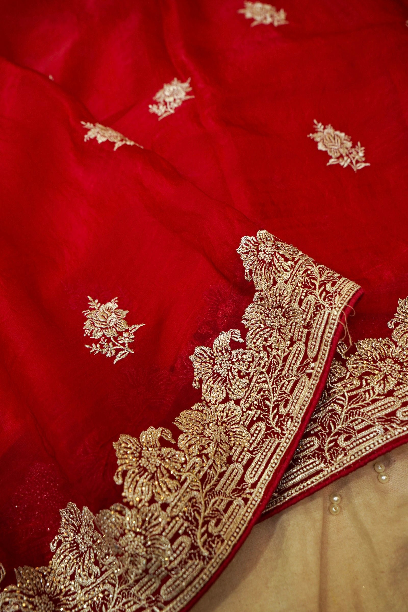 Hibiscus Motifs Designer Saree with Stitched Blouse – Ruby Red