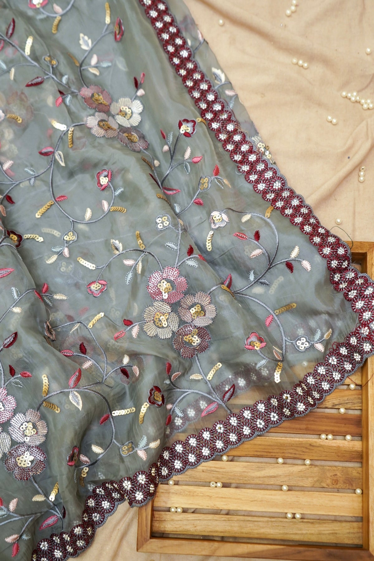 Dusty Grey Embroidered Designer Tissue Saree with Daisy Scalloped Border