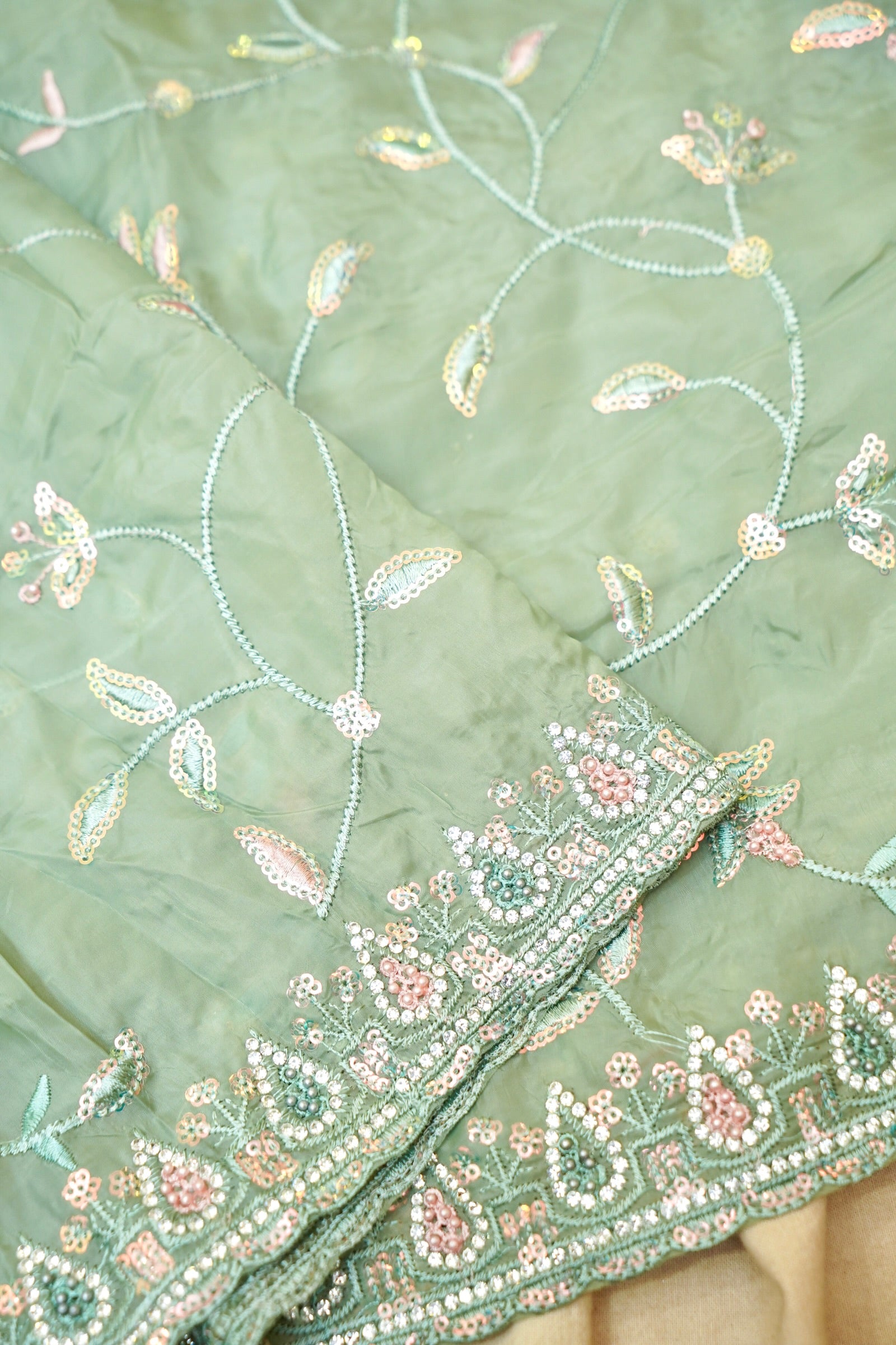 Seafoam Green Willow Vine Designer Tissue Saree with Rhinestone Work and Stitched Blouse