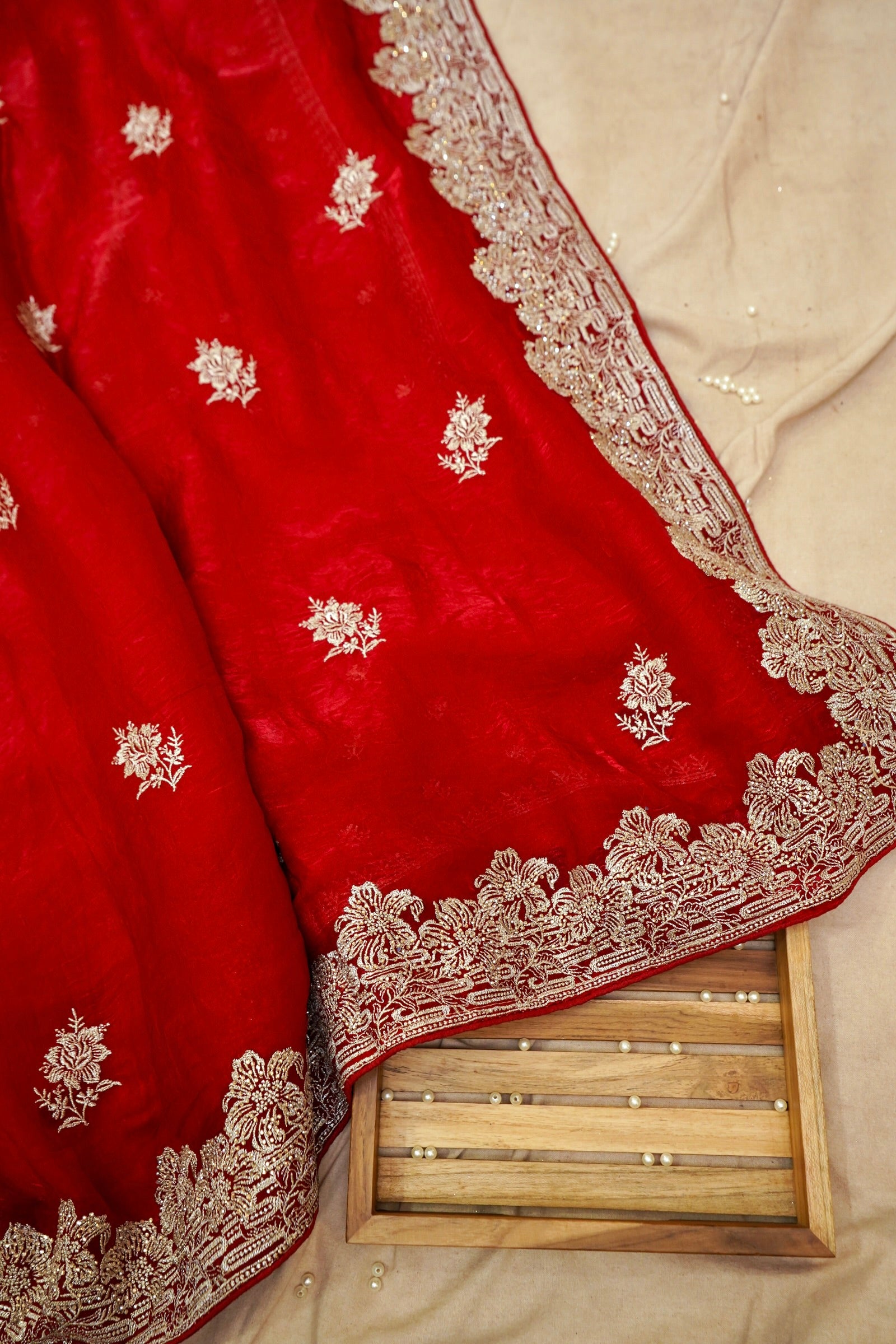 Hibiscus Motifs Designer Saree with Stitched Blouse – Ruby Red