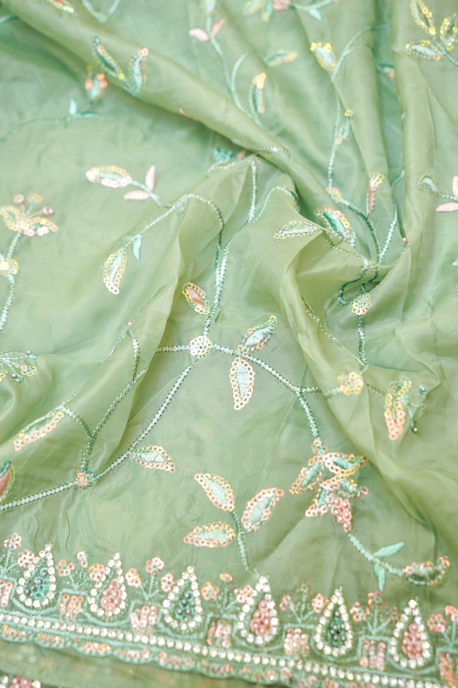 Seafoam Green Willow Vine Designer Tissue Saree with Rhinestone Work and Stitched Blouse