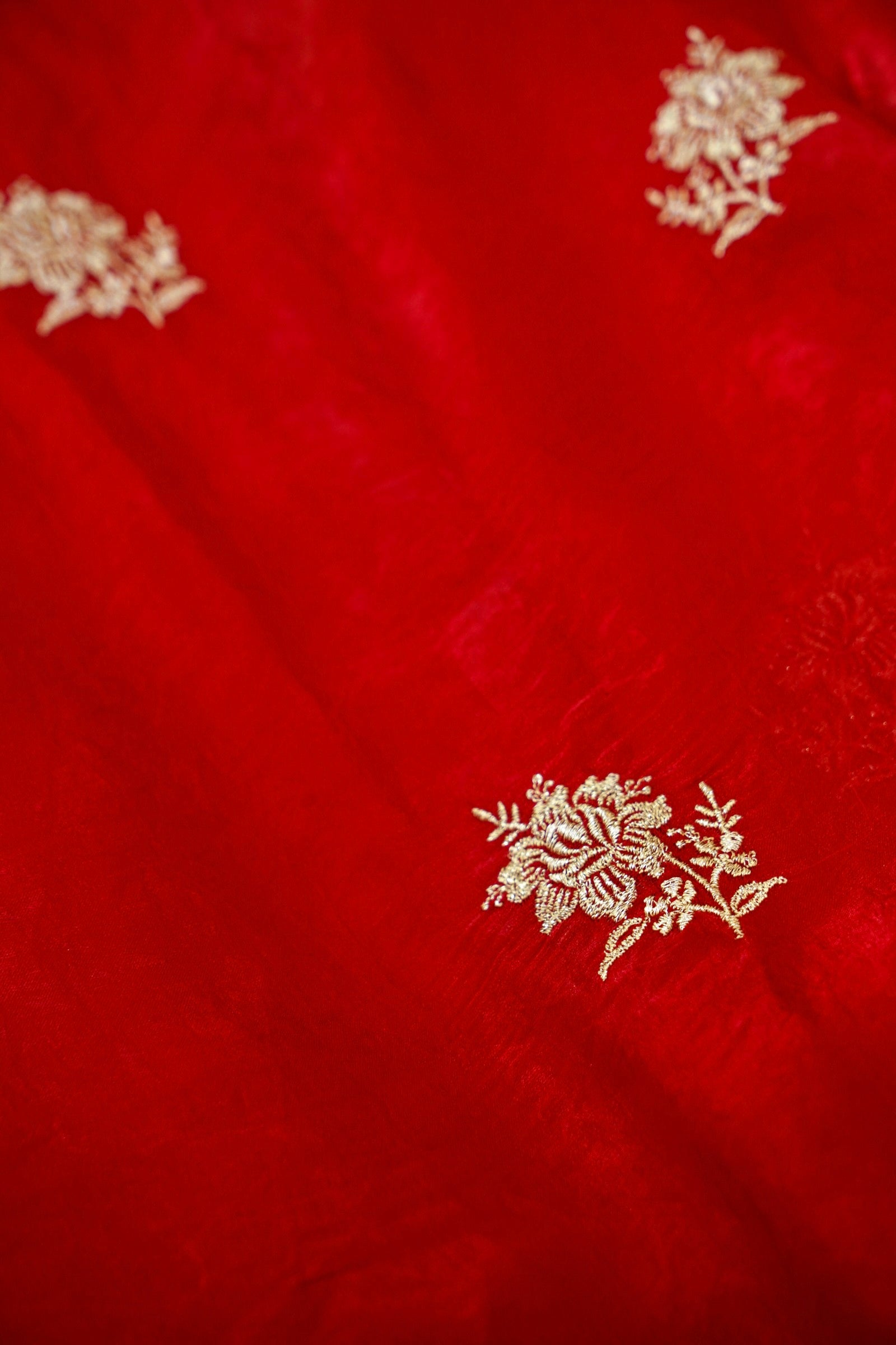 Hibiscus Motifs Designer Saree with Stitched Blouse – Ruby Red