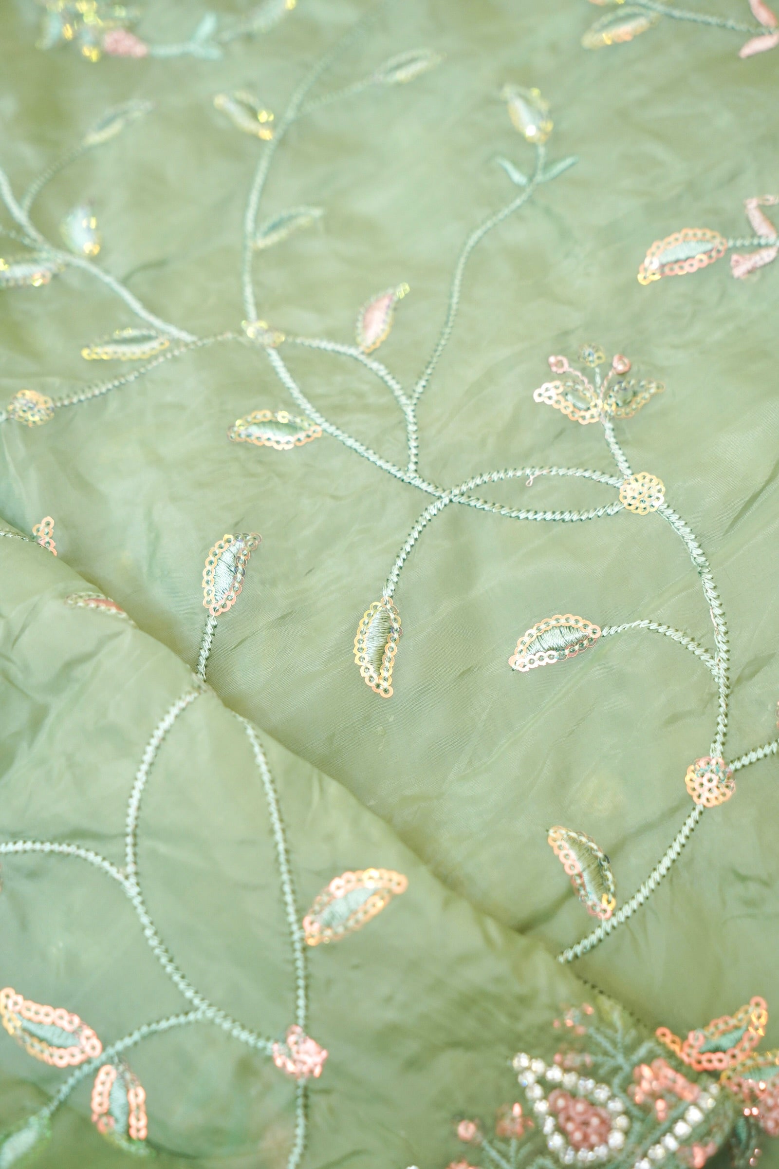 Seafoam Green Willow Vine Designer Tissue Saree with Rhinestone Work and Stitched Blouse