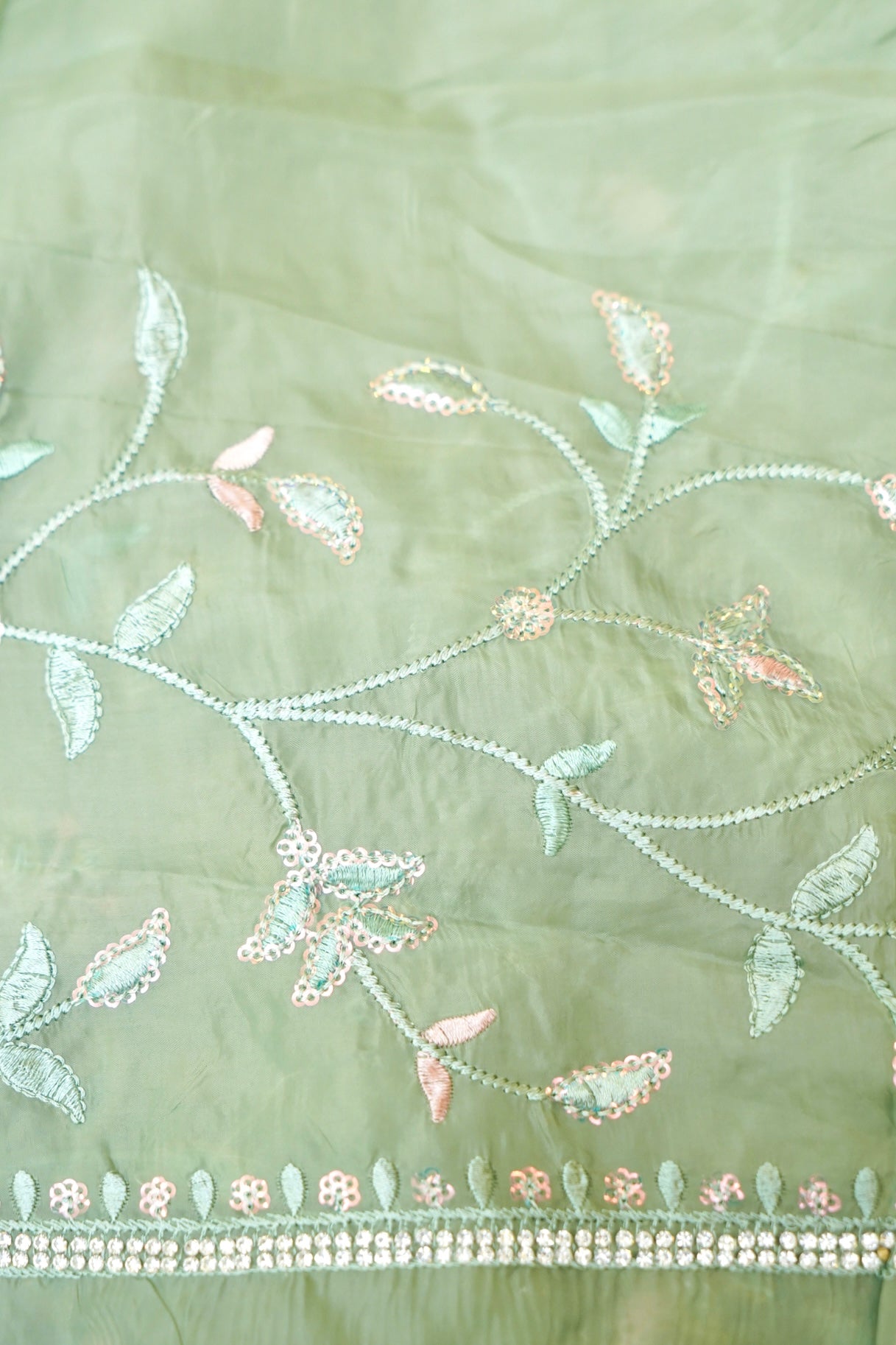Seafoam Green Willow Vine Designer Tissue Saree with Rhinestone Work and Stitched Blouse