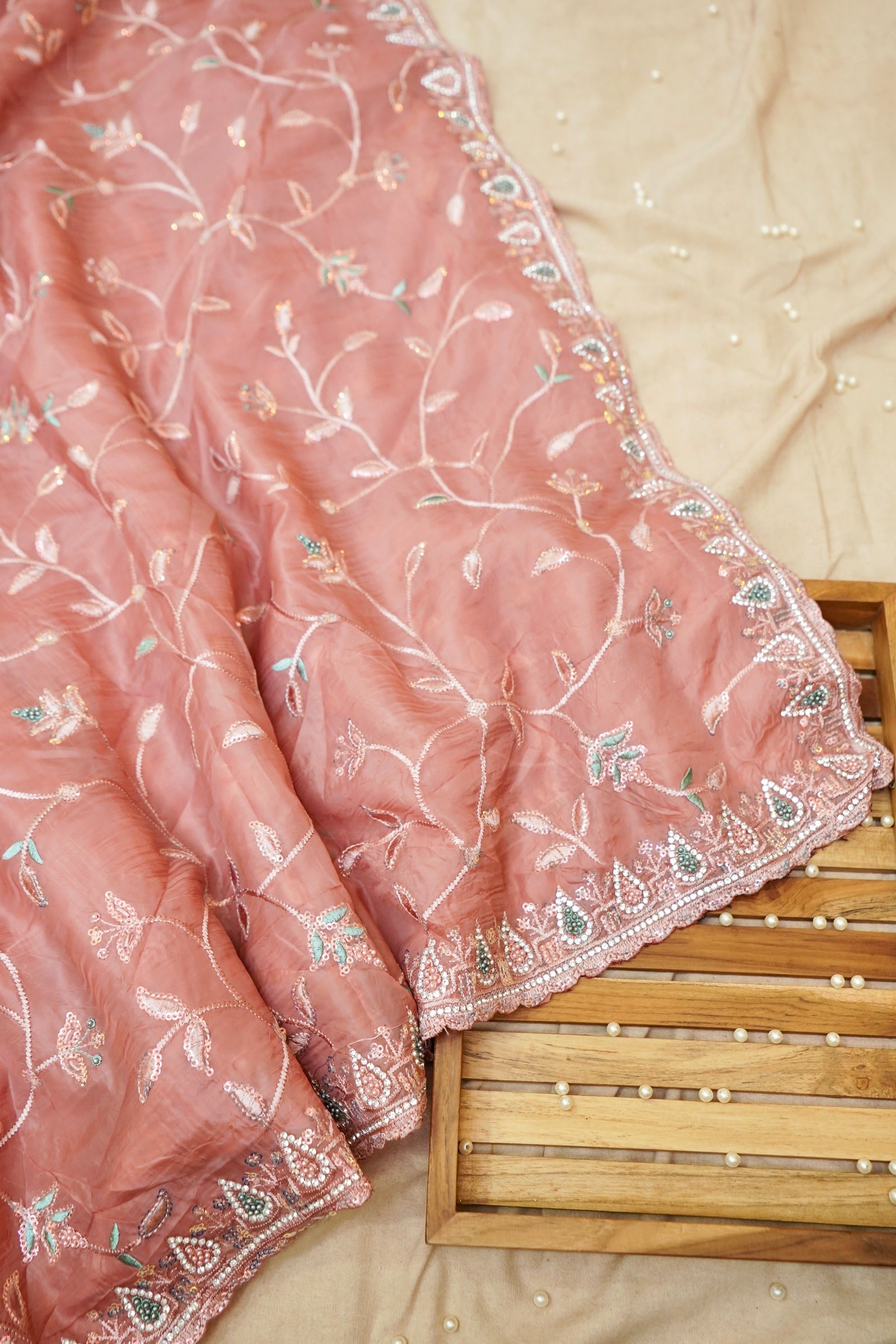 Rose Pink Willow Vine Designer Tissue Saree with Rhinestone Work and Stitched Blouse