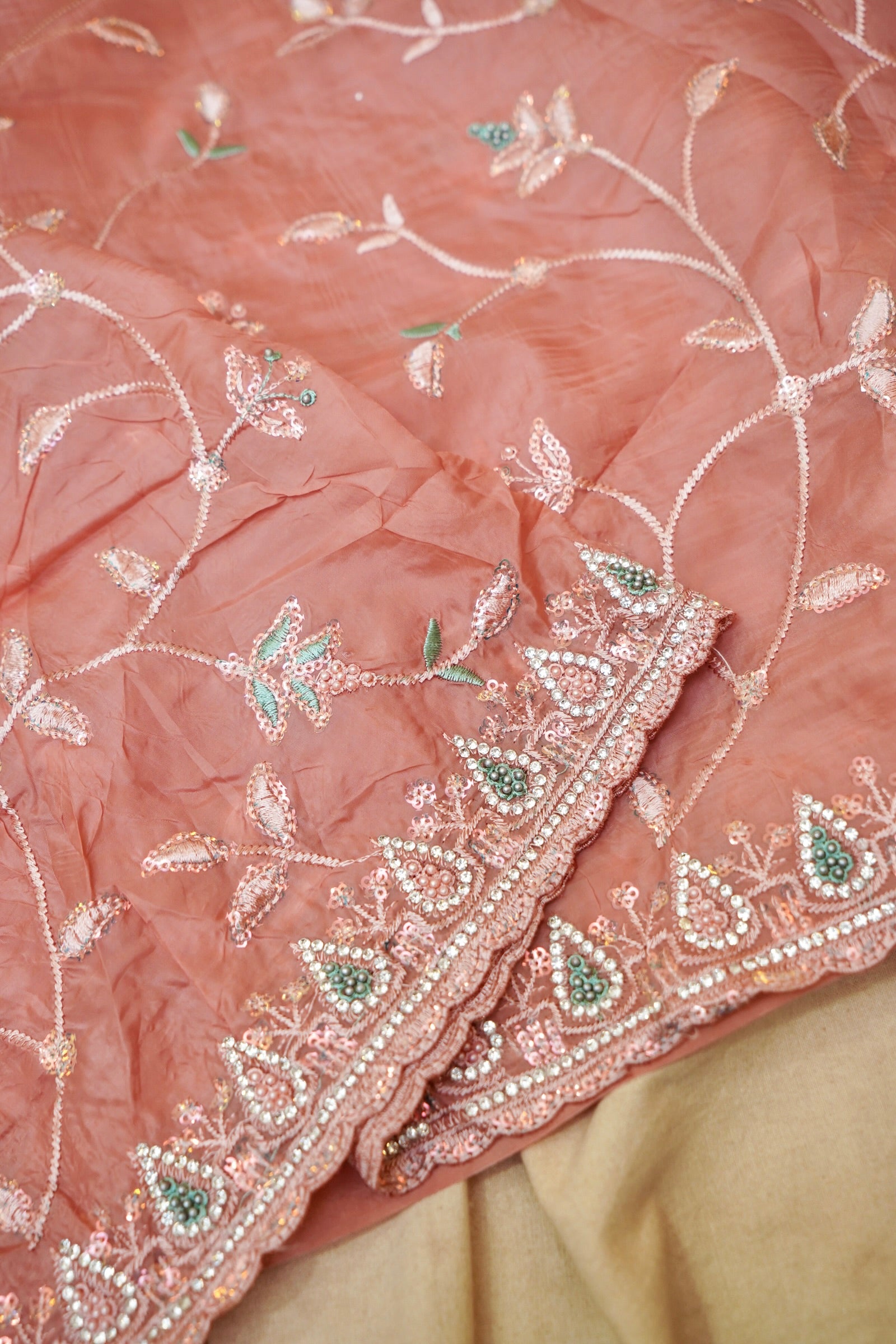 Rose Pink Willow Vine Designer Tissue Saree with Rhinestone Work and Stitched Blouse