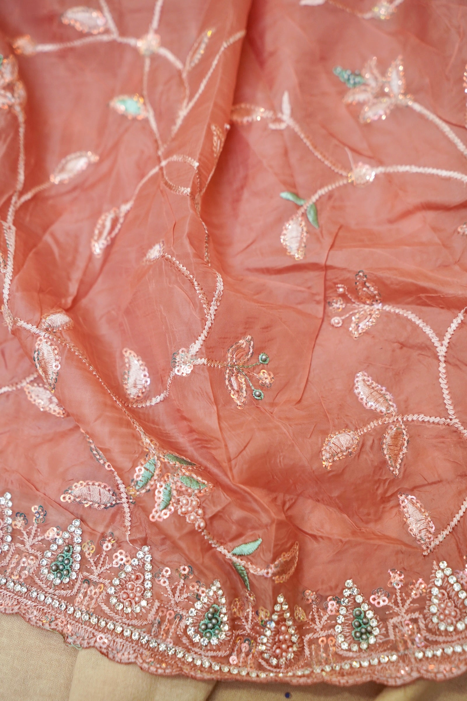 Rose Pink Willow Vine Designer Tissue Saree with Rhinestone Work and Stitched Blouse