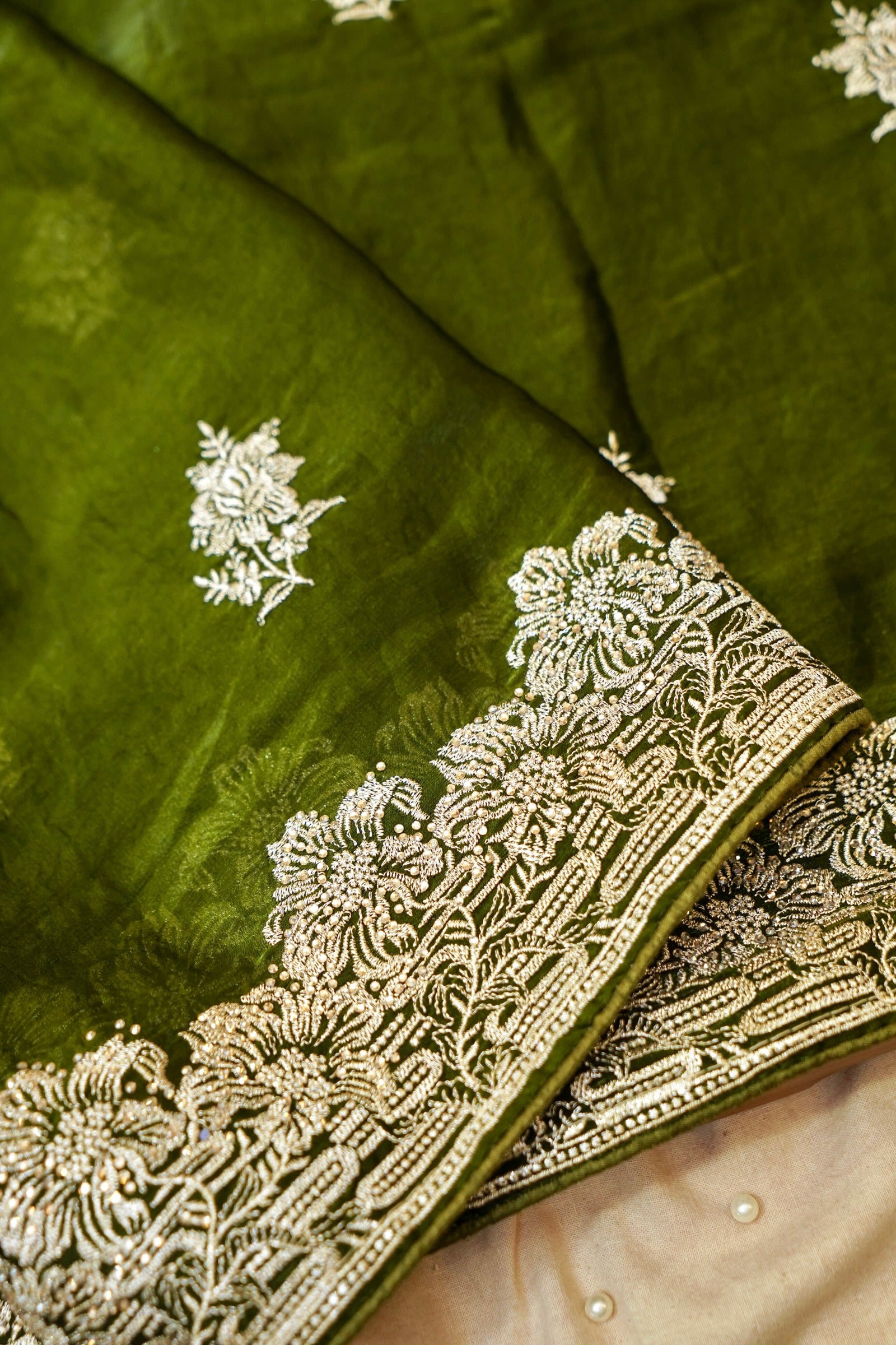 Hibiscus Motifs Designer Saree with Stitched Blouse – Olive Green