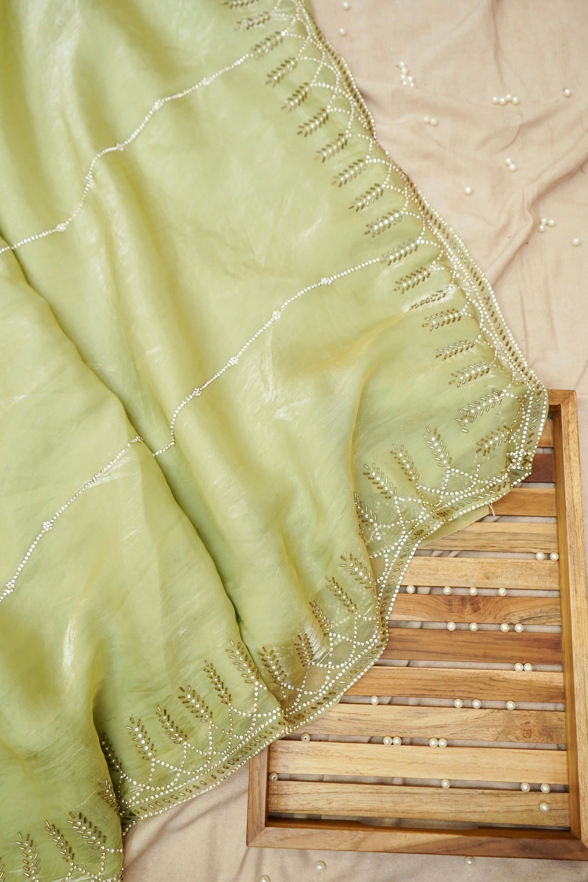 Vine Rhinestone Border Designer Tissue Saree – Pistachio Green
