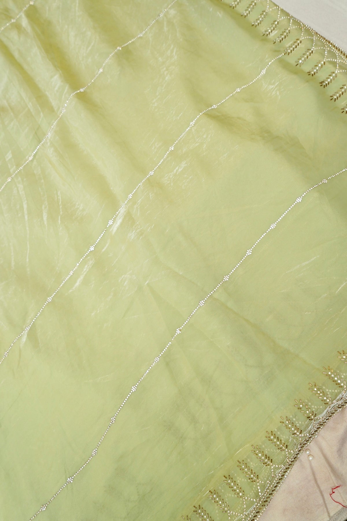 Vine Rhinestone Border Designer Tissue Saree – Pistachio Green