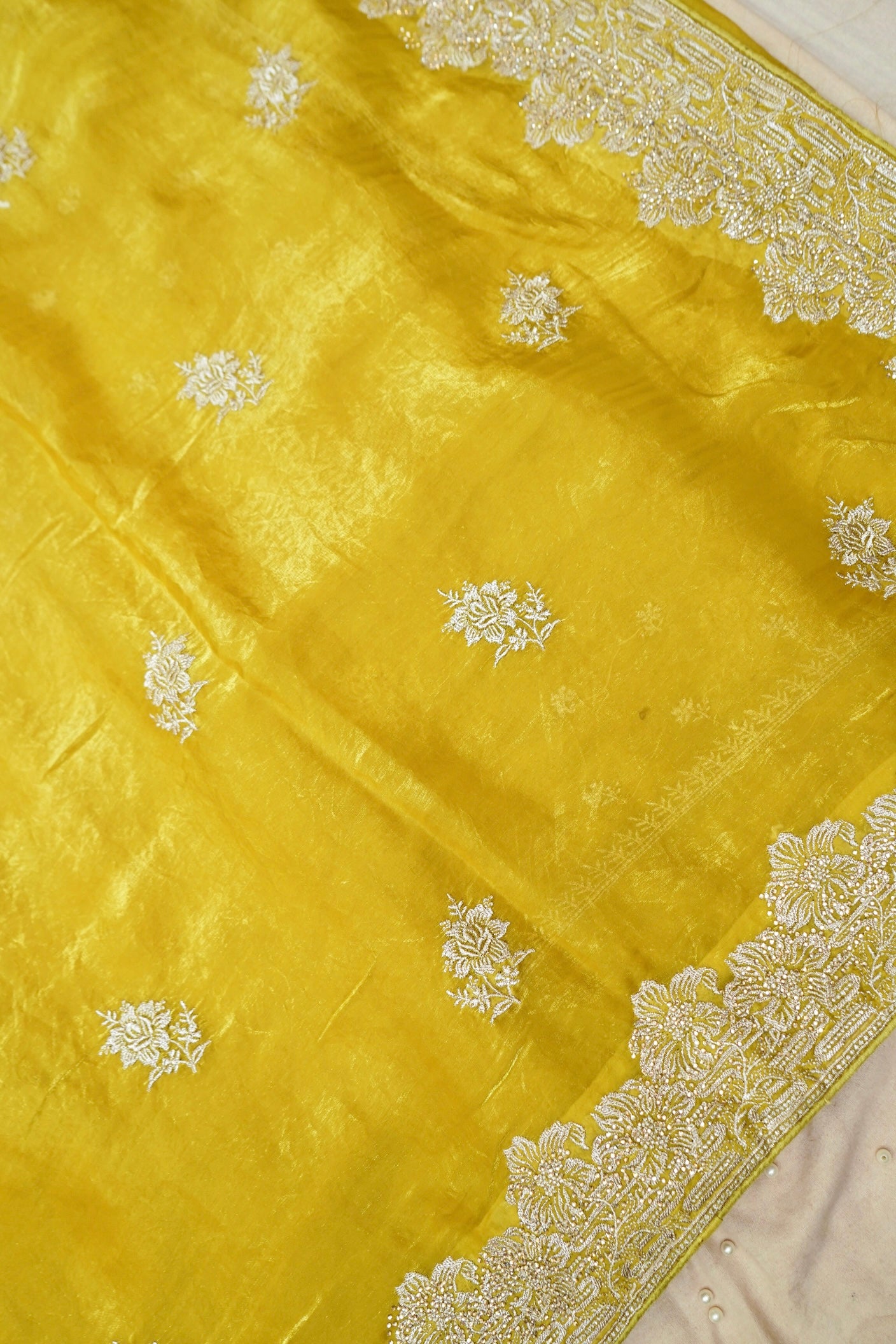 Hibiscus Motifs Designer Saree with Stitched Blouse – Yellow