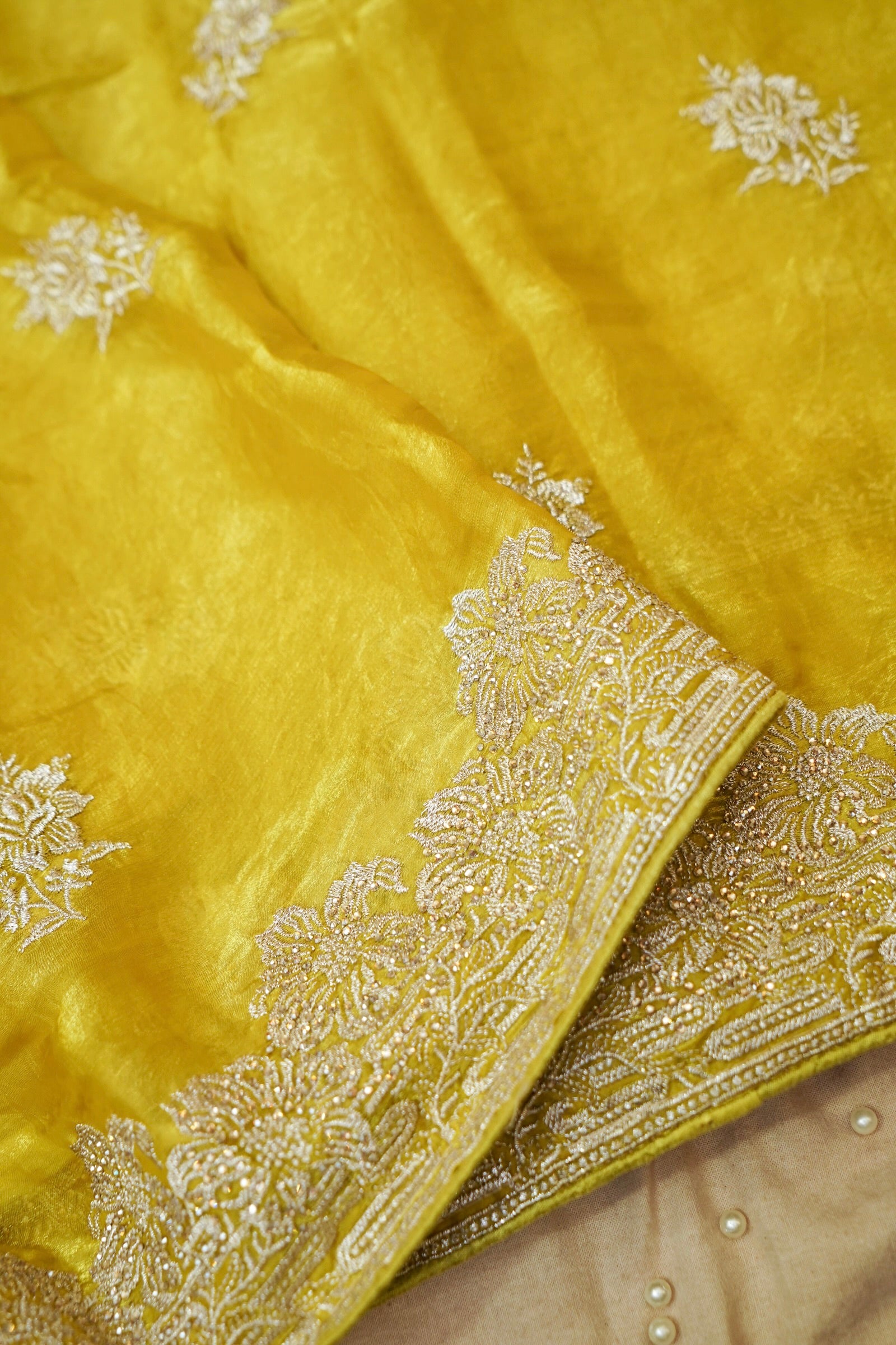 Hibiscus Motifs Designer Saree with Stitched Blouse – Yellow