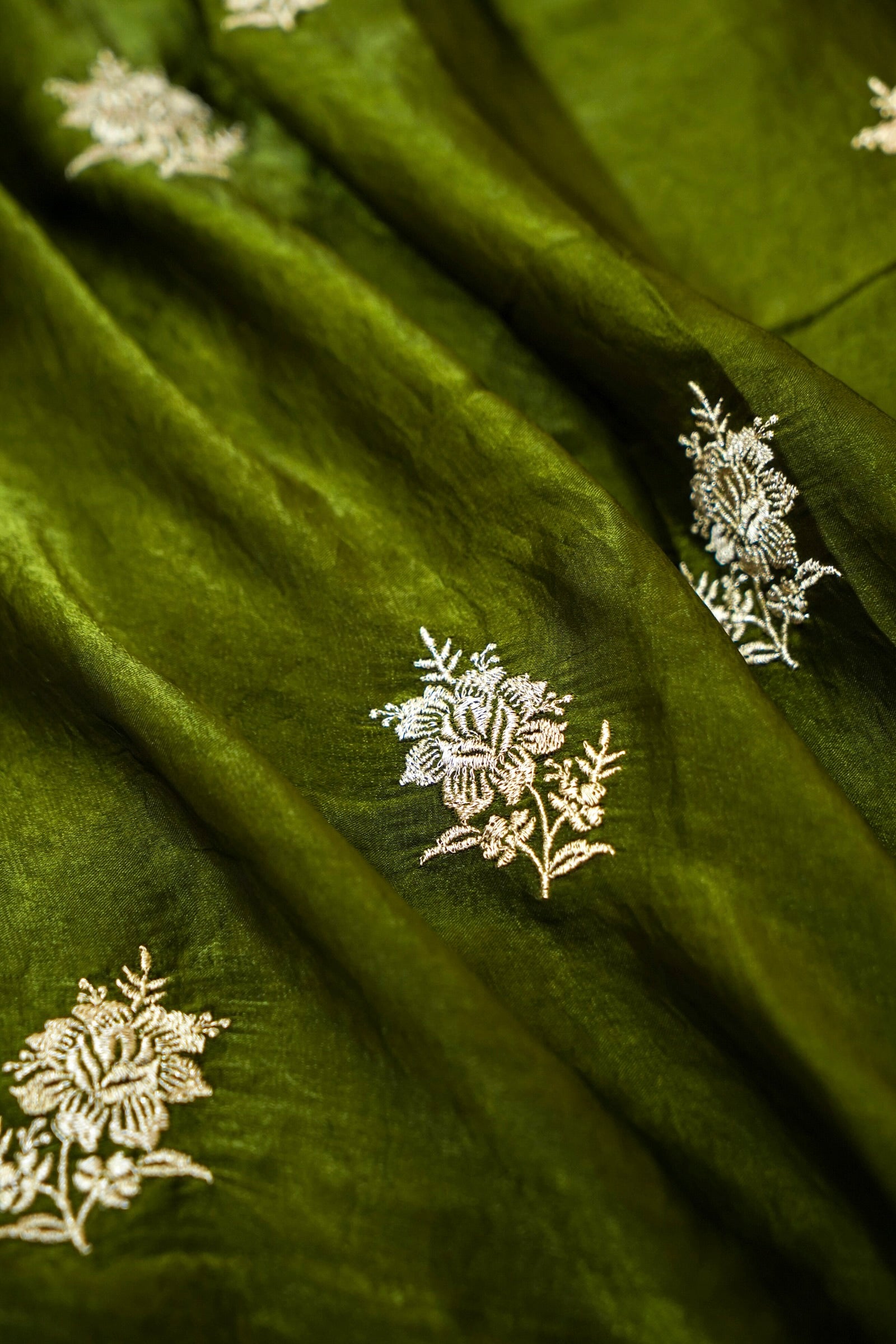 Hibiscus Motifs Designer Saree with Stitched Blouse – Olive Green