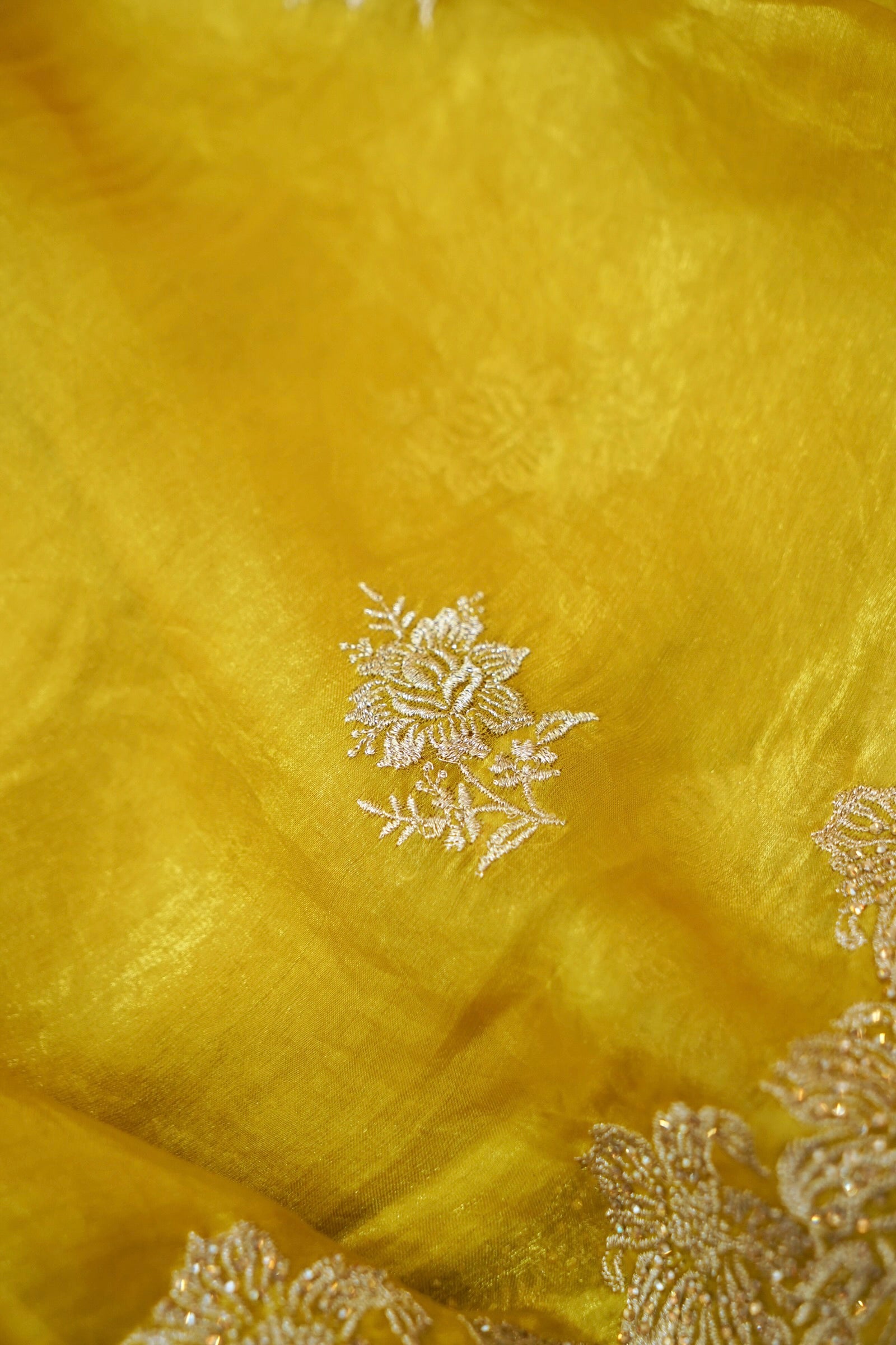 Hibiscus Motifs Designer Saree with Stitched Blouse – Yellow