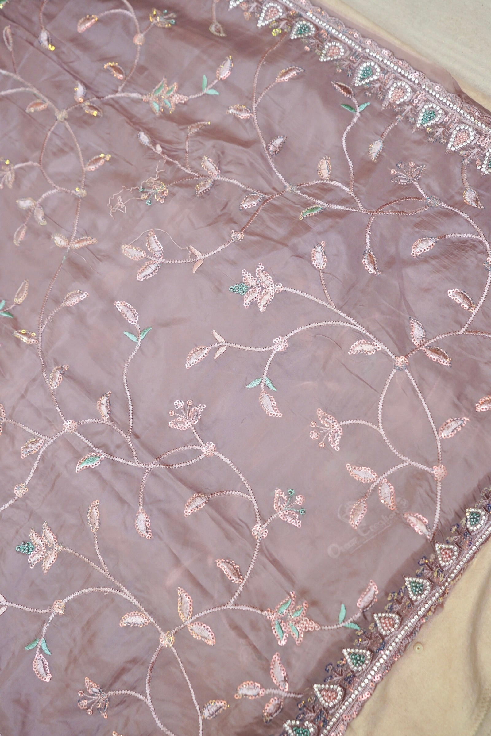 Smoky Taupe Willow Vine Designer Tissue Saree with Rhinestone Work and Stitched Blouse