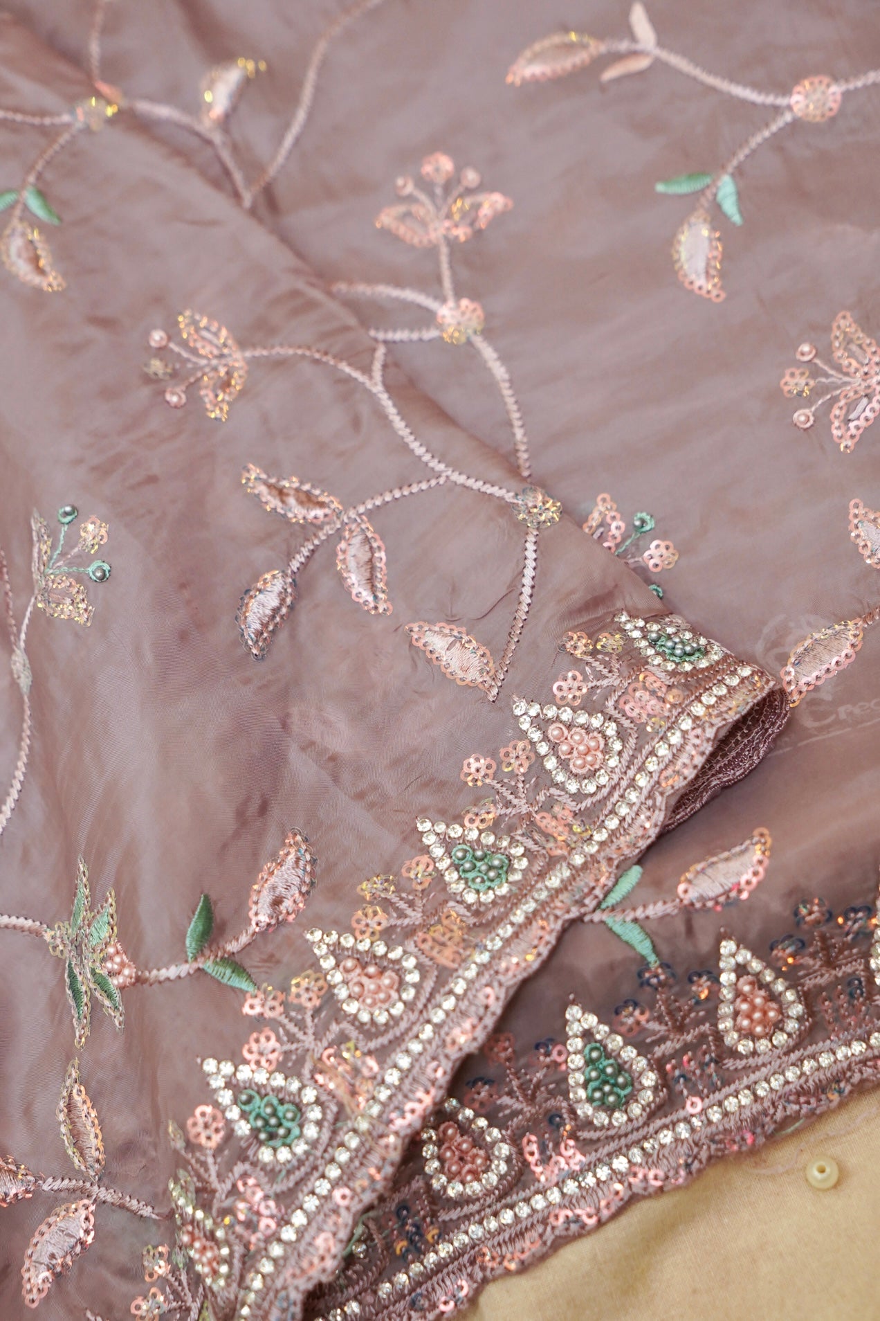 Smoky Taupe Willow Vine Designer Tissue Saree with Rhinestone Work and Stitched Blouse
