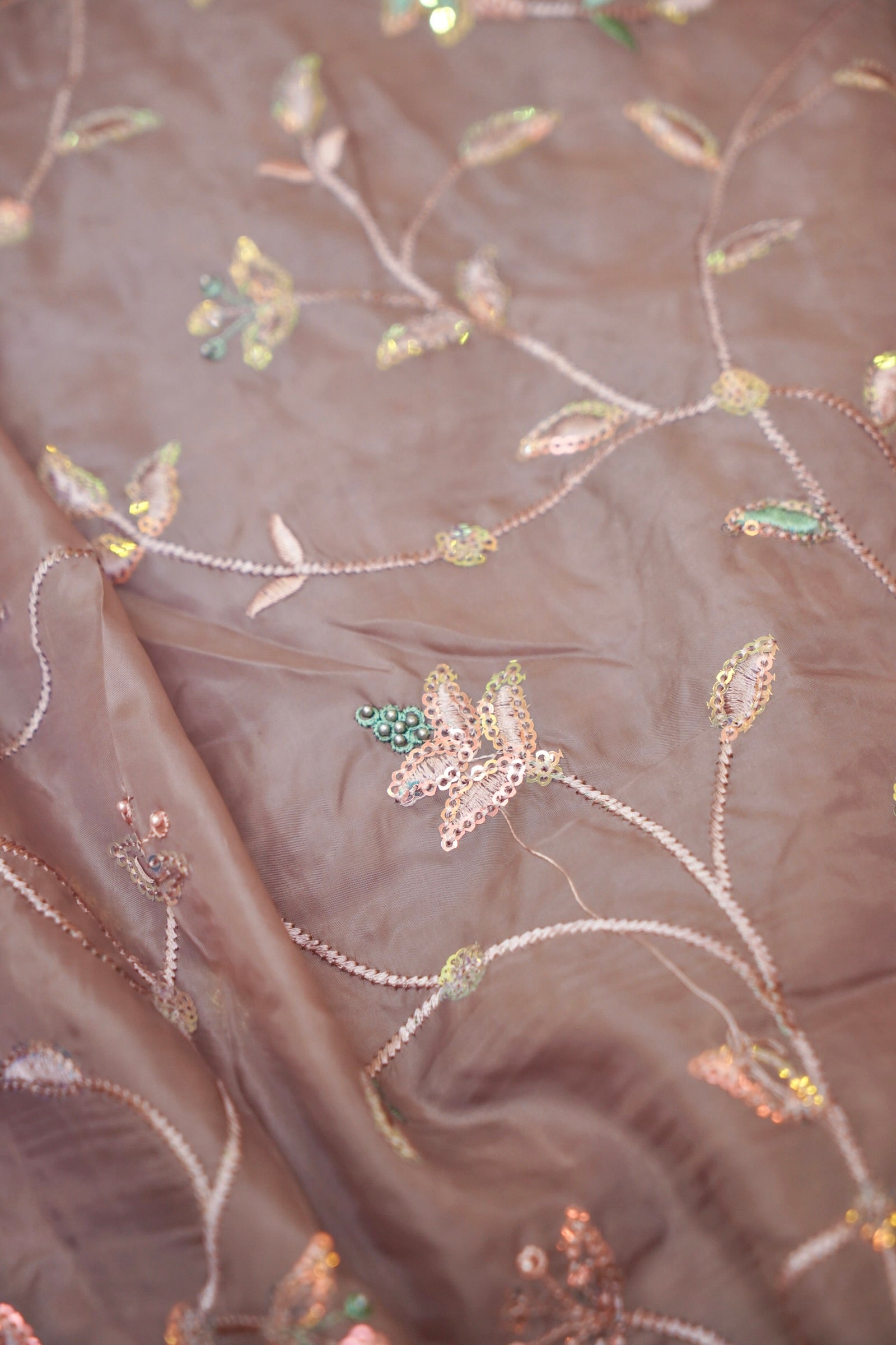 Smoky Taupe Willow Vine Designer Tissue Saree with Rhinestone Work and Stitched Blouse