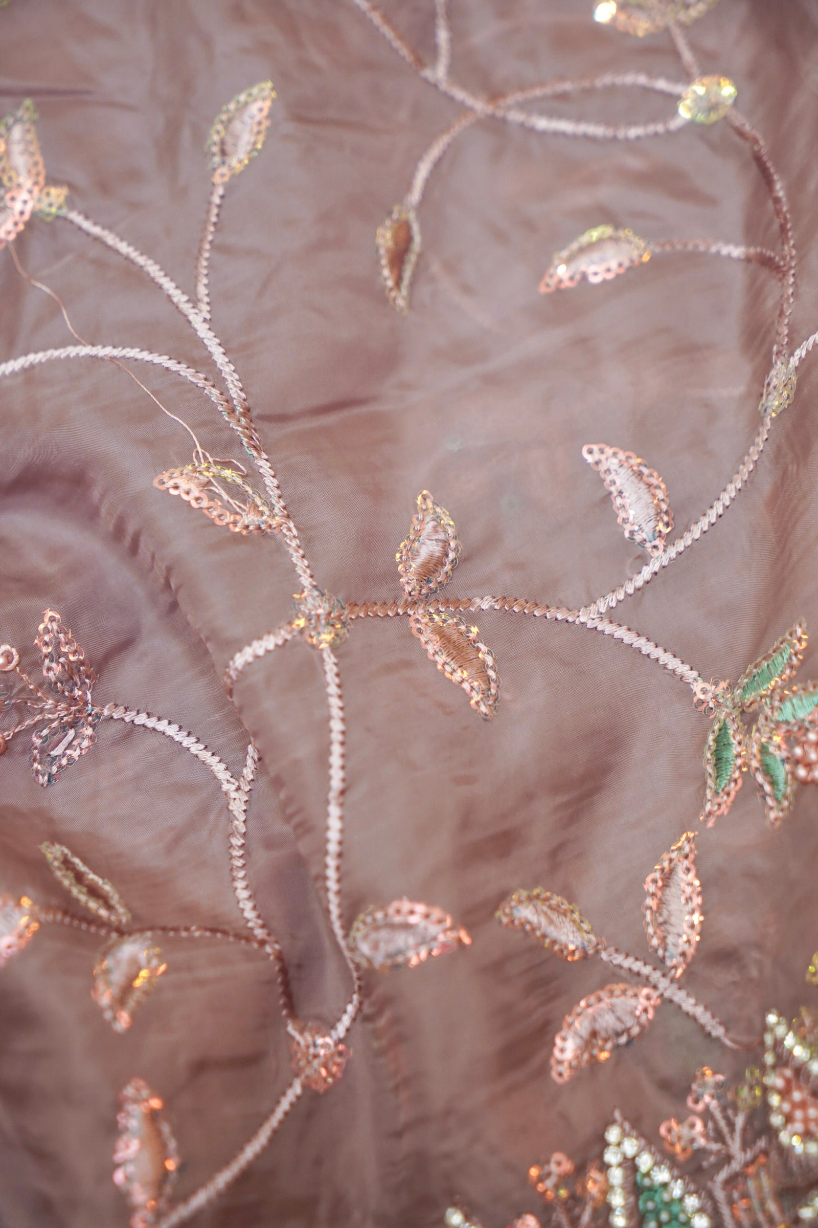 Smoky Taupe Willow Vine Designer Tissue Saree with Rhinestone Work and Stitched Blouse