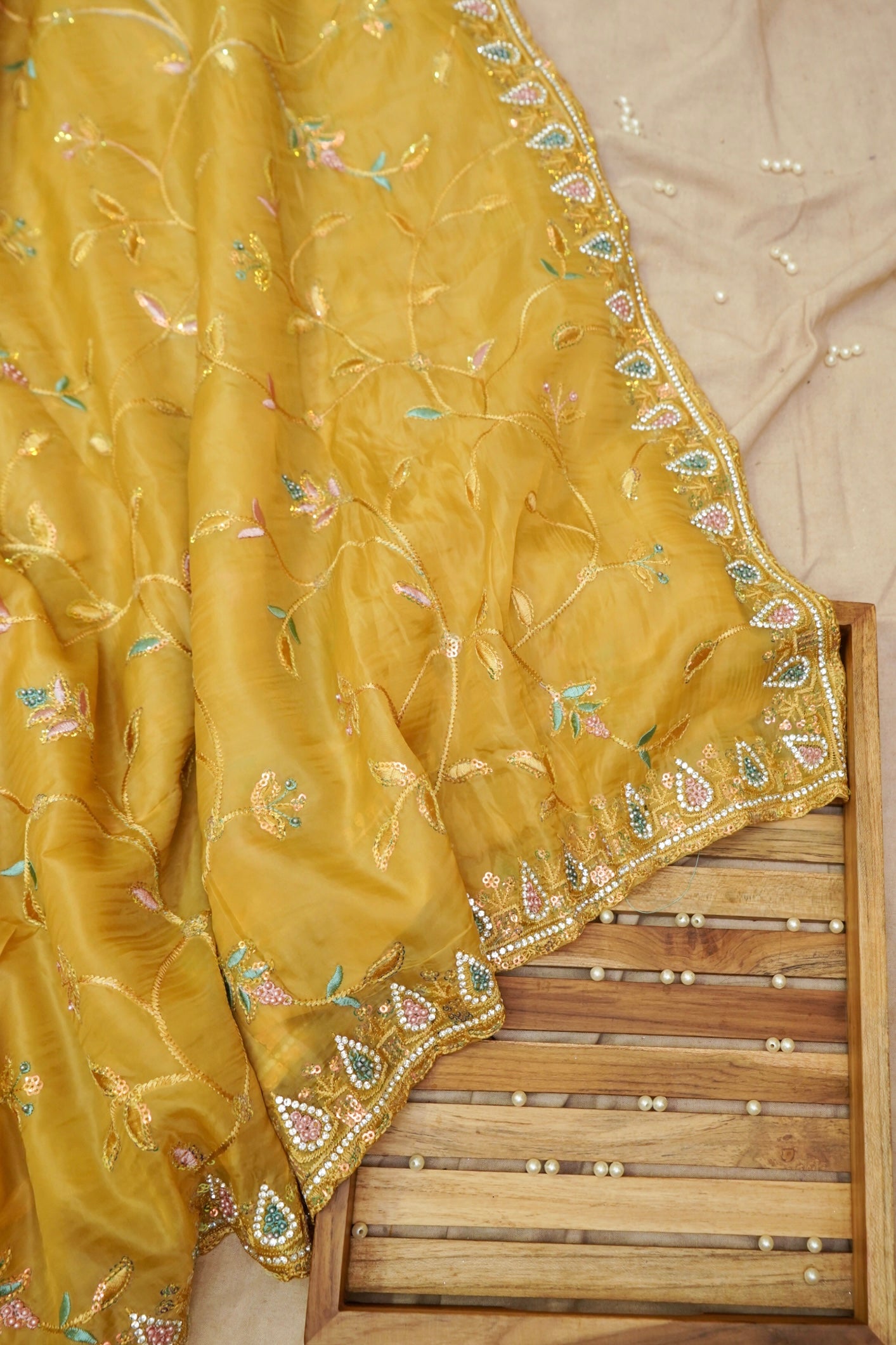Sun Gold Willow Vine Designer Tissue Saree with Rhinestone Work and Stitched Blouse