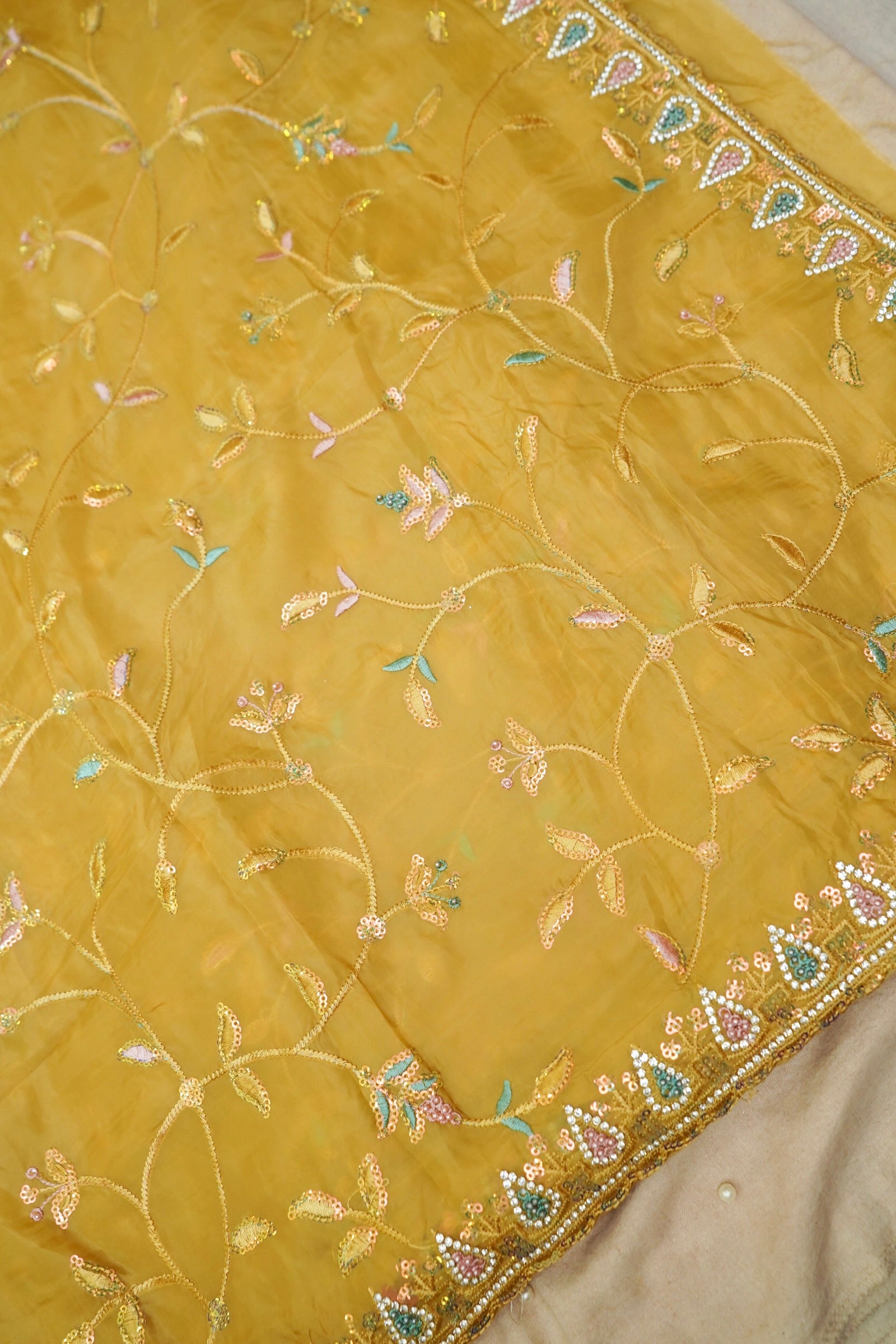 Sun Gold Willow Vine Designer Tissue Saree with Rhinestone Work and Stitched Blouse
