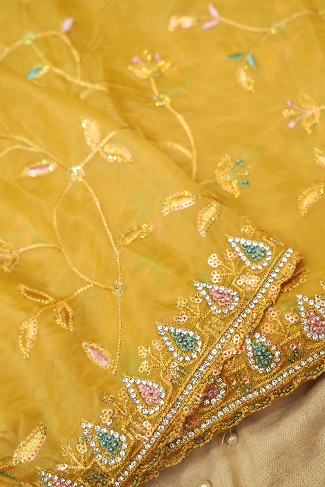 Sun Gold Willow Vine Designer Tissue Saree with Rhinestone Work and Stitched Blouse