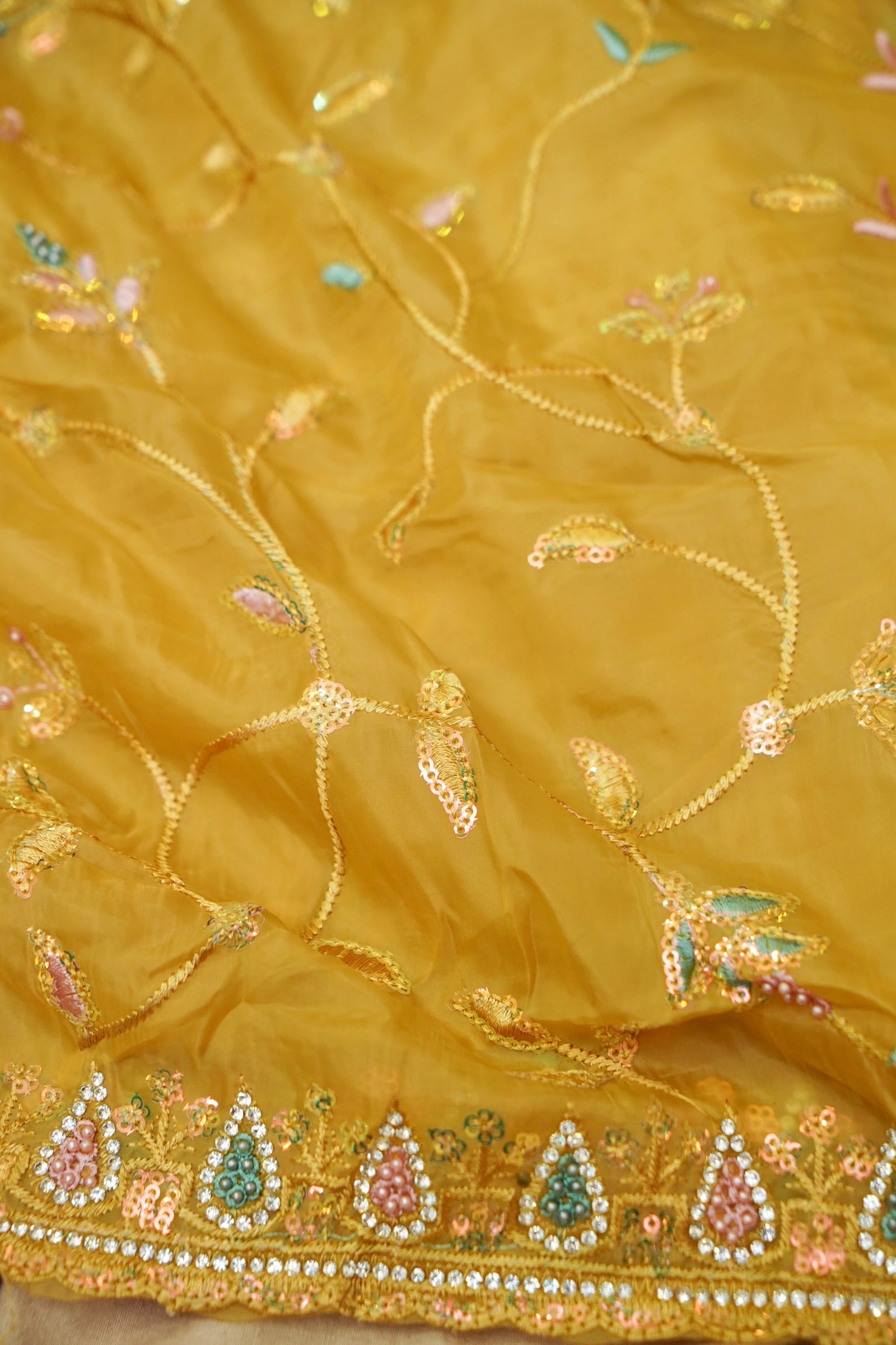 Sun Gold Willow Vine Designer Tissue Saree with Rhinestone Work and Stitched Blouse