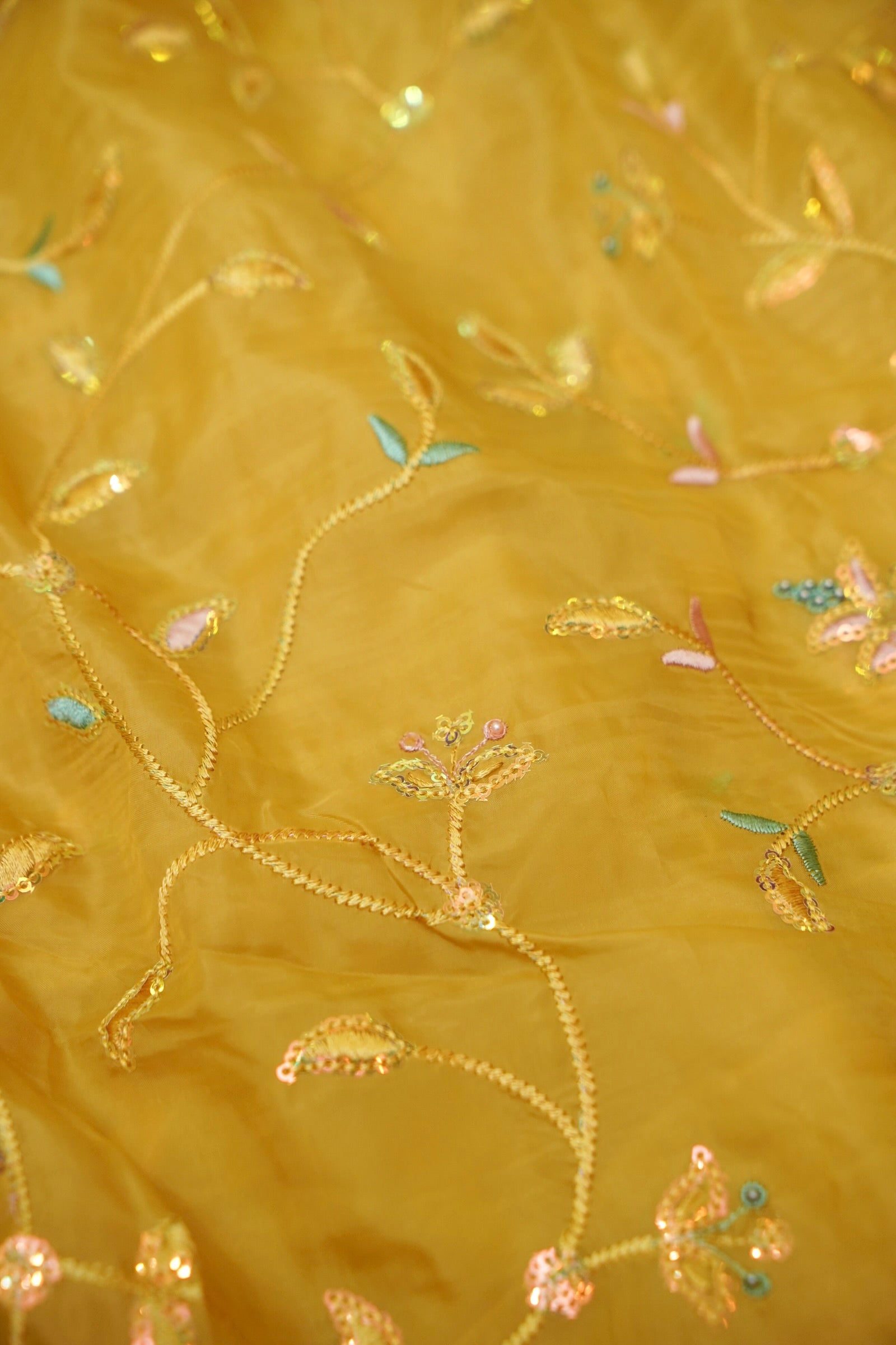 Sun Gold Willow Vine Designer Tissue Saree with Rhinestone Work and Stitched Blouse