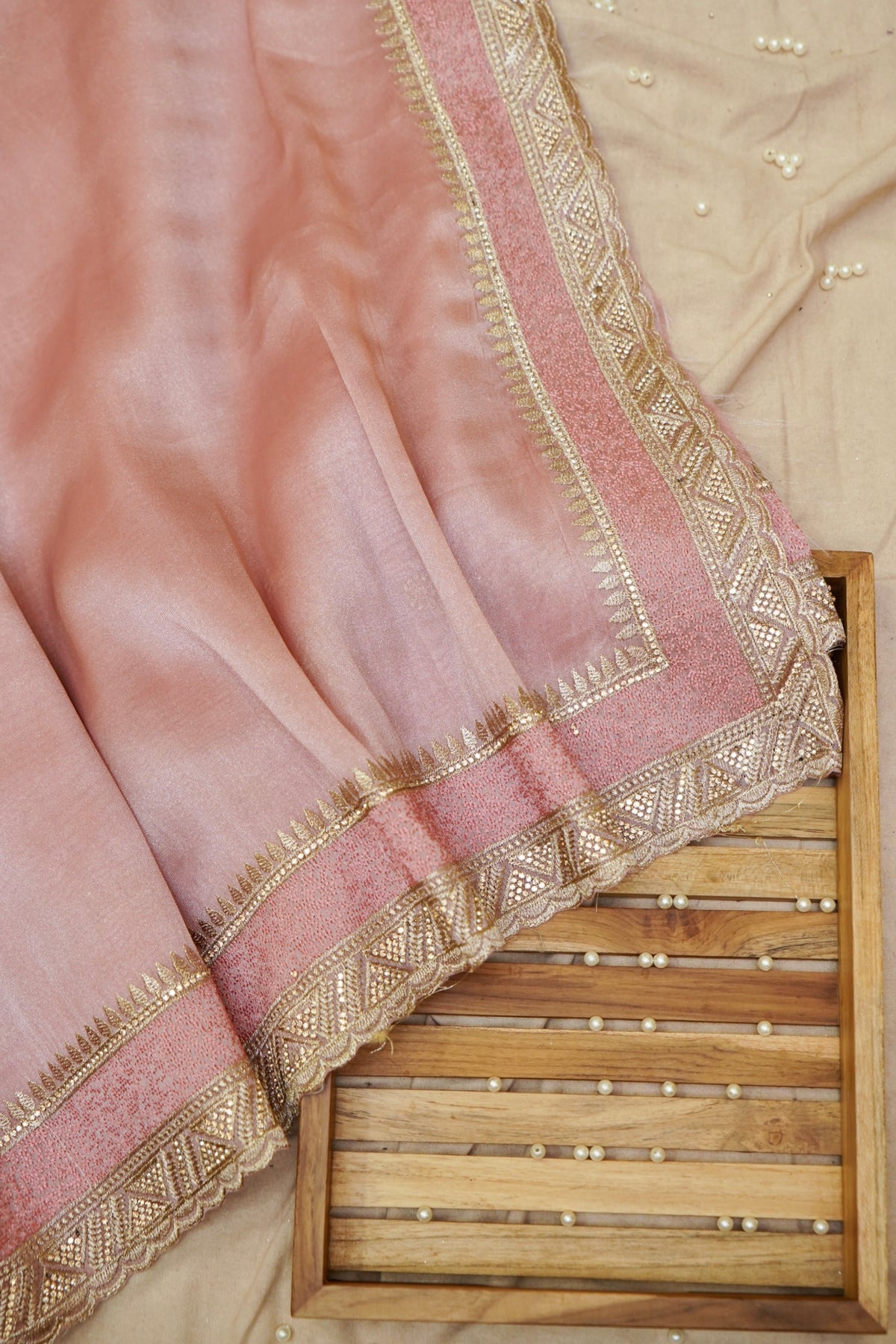 Rhinestone Border Designer Tissue Saree in Blush Pink