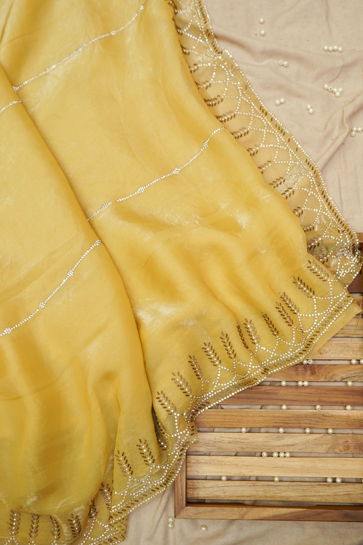 Vine Rhinestone Border Designer Tissue Saree – Sunlit Yellow