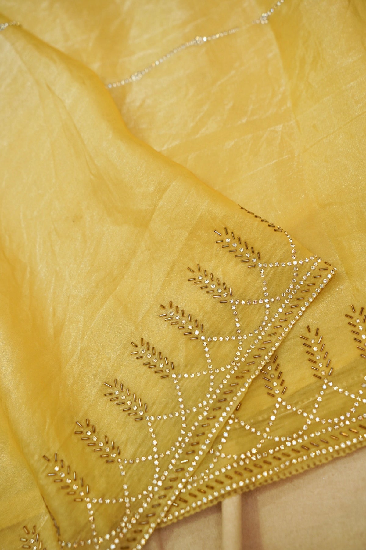 Vine Rhinestone Border Designer Tissue Saree – Sunlit Yellow
