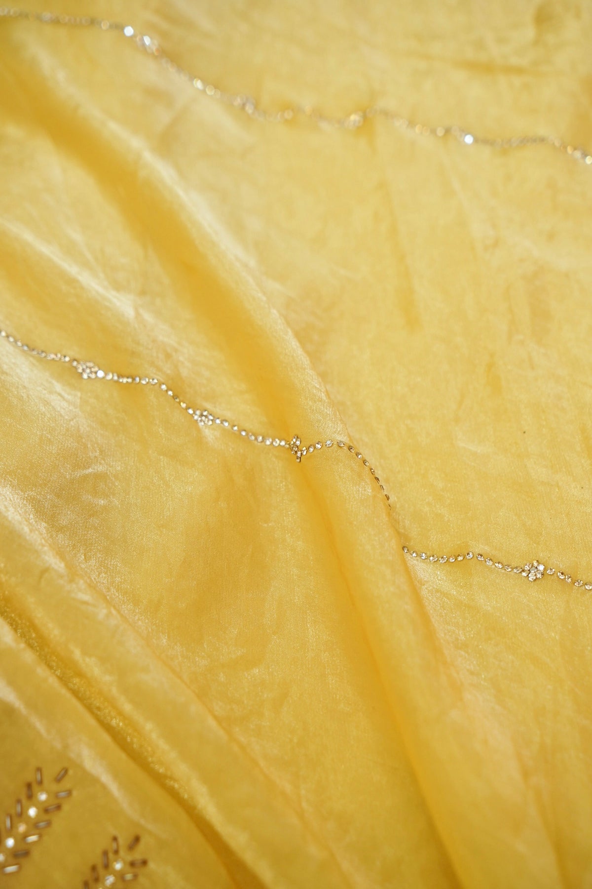 Vine Rhinestone Border Designer Tissue Saree – Sunlit Yellow