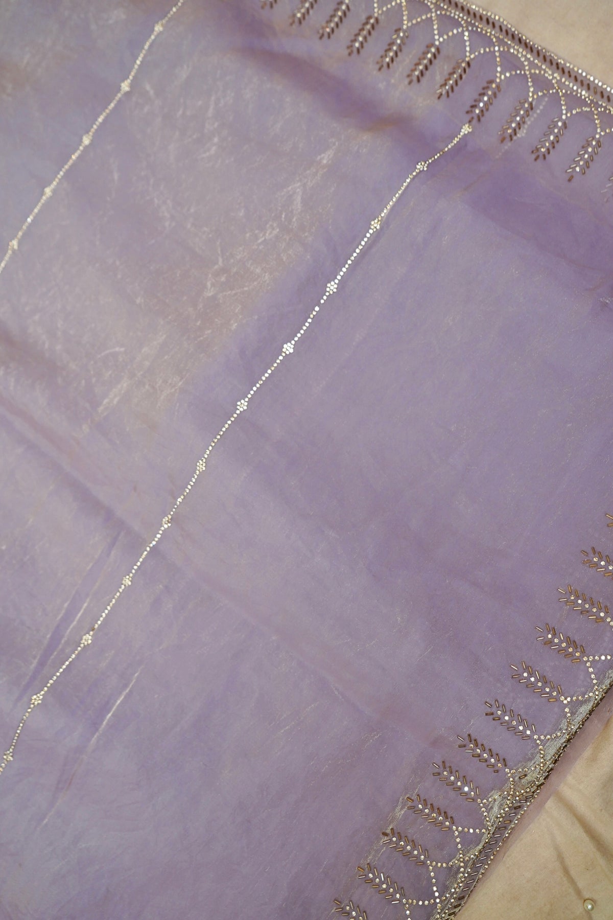 Vine Rhinestone Border Designer Tissue Saree – Lavender Mist