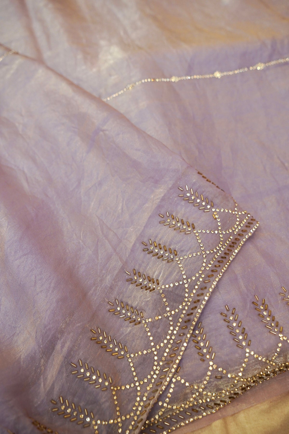 Vine Rhinestone Border Designer Tissue Saree – Lavender Mist