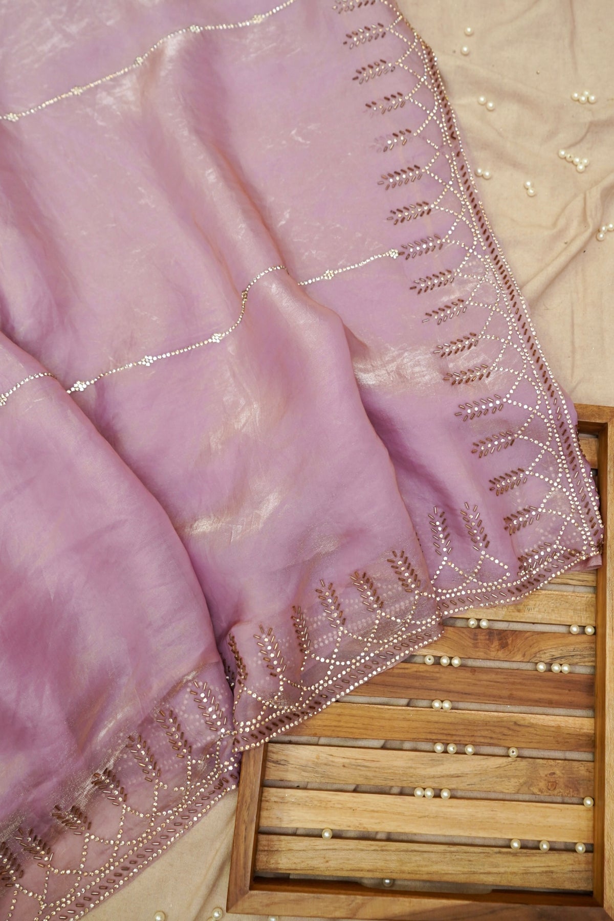 Vine Rhinestone Border Designer Tissue Saree – Lilac