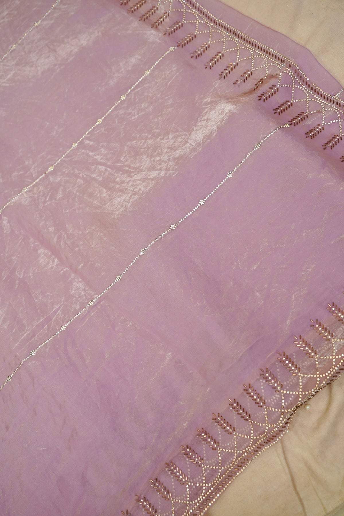 Vine Rhinestone Border Designer Tissue Saree – Lilac