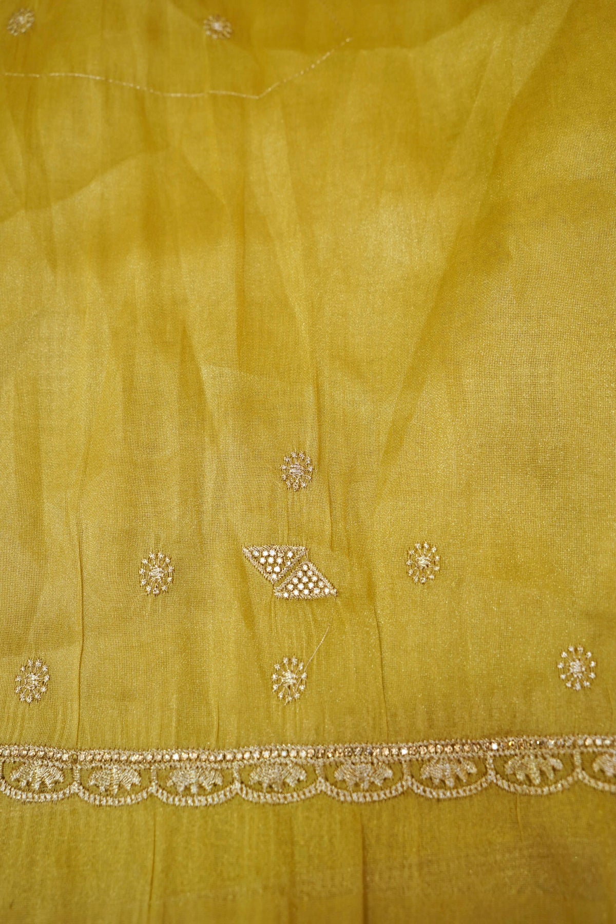 Rhinestone Border Designer Tissue Saree in Golden Mustard