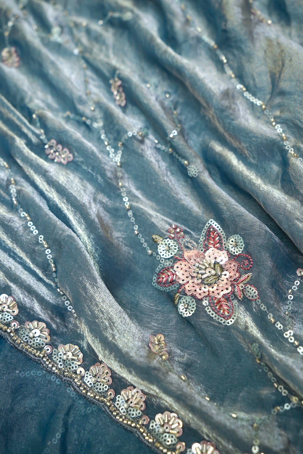 Dusty Blue Blossom Trail Sequin Work Designer Saree