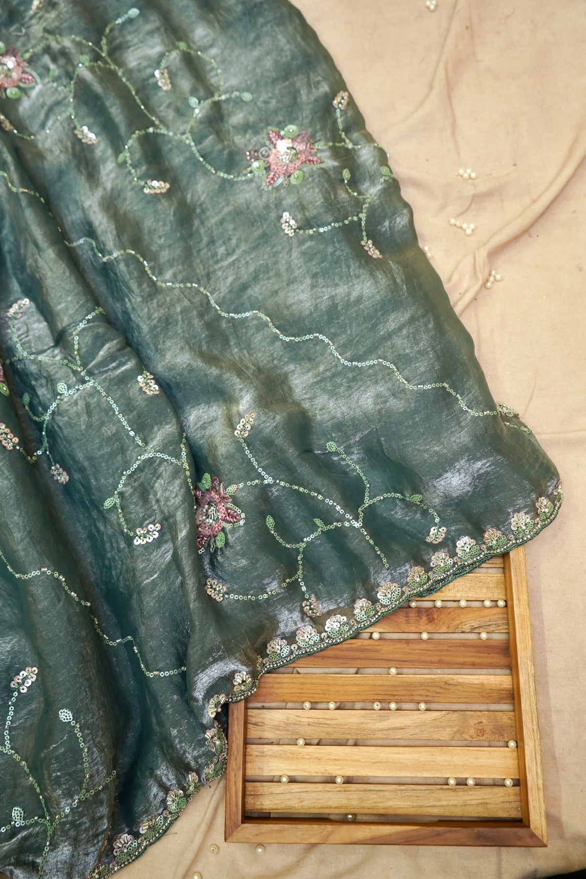 Forest Green Blossom Trail Sequin Work Designer Saree