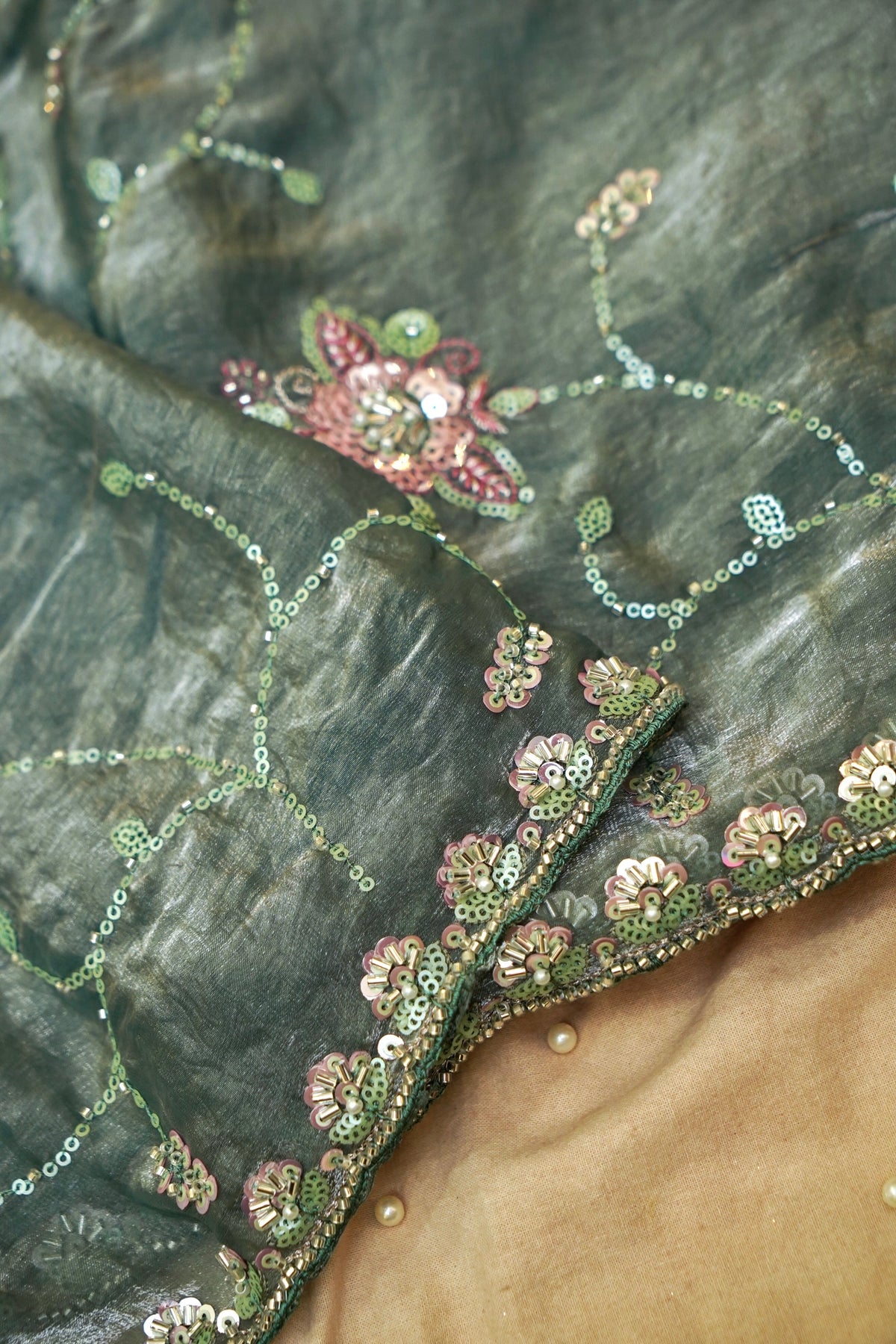 Forest Green Blossom Trail Sequin Work Designer Saree