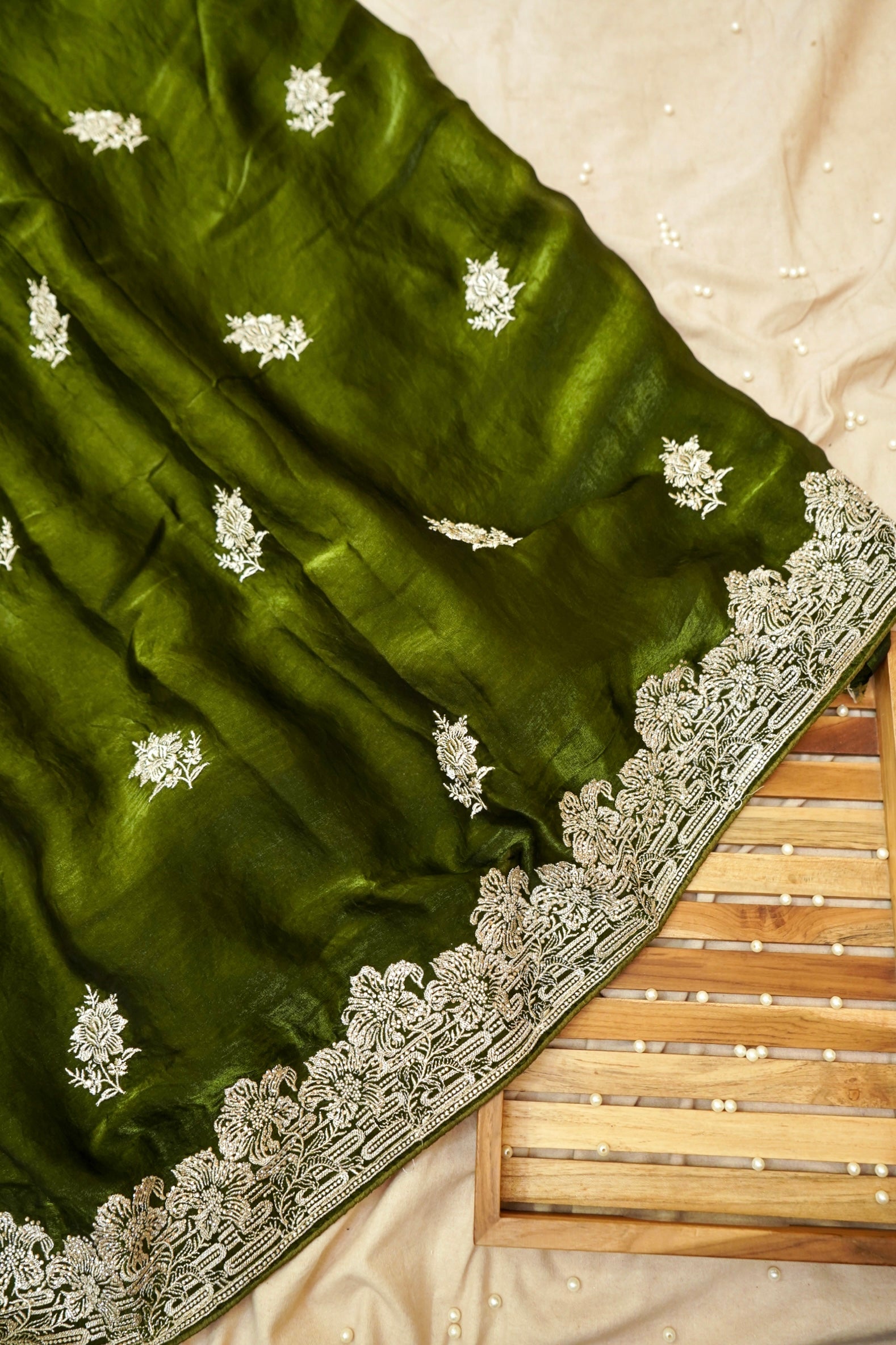 Hibiscus Motifs Designer Saree with Stitched Blouse – Olive Green