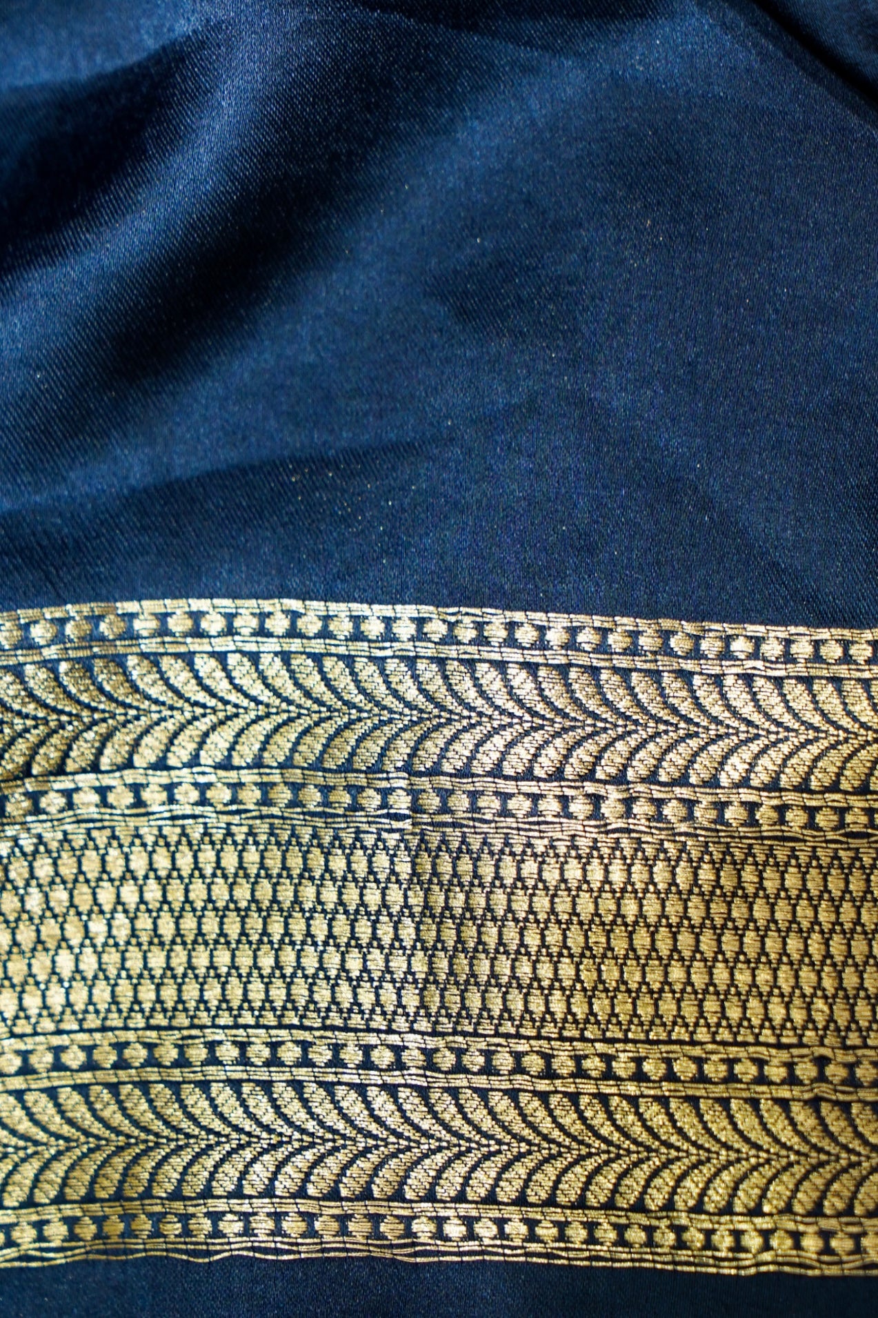 Sapphire Blue Mashru Silk Saree with Champagne Gold Border