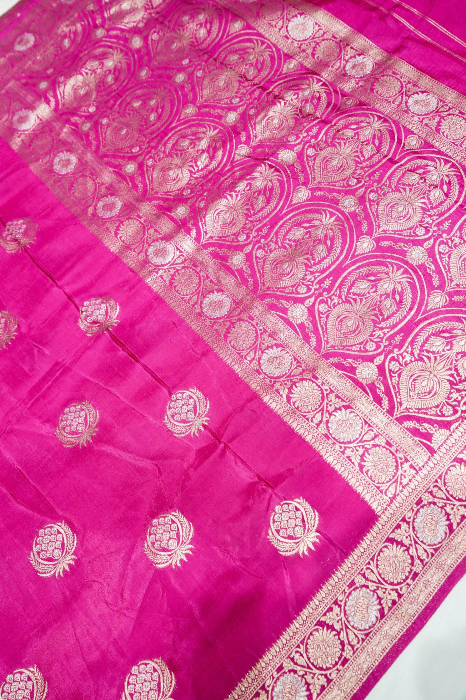 Fuchsia Pink Dupion Silk Saree with Champagne Gold Border