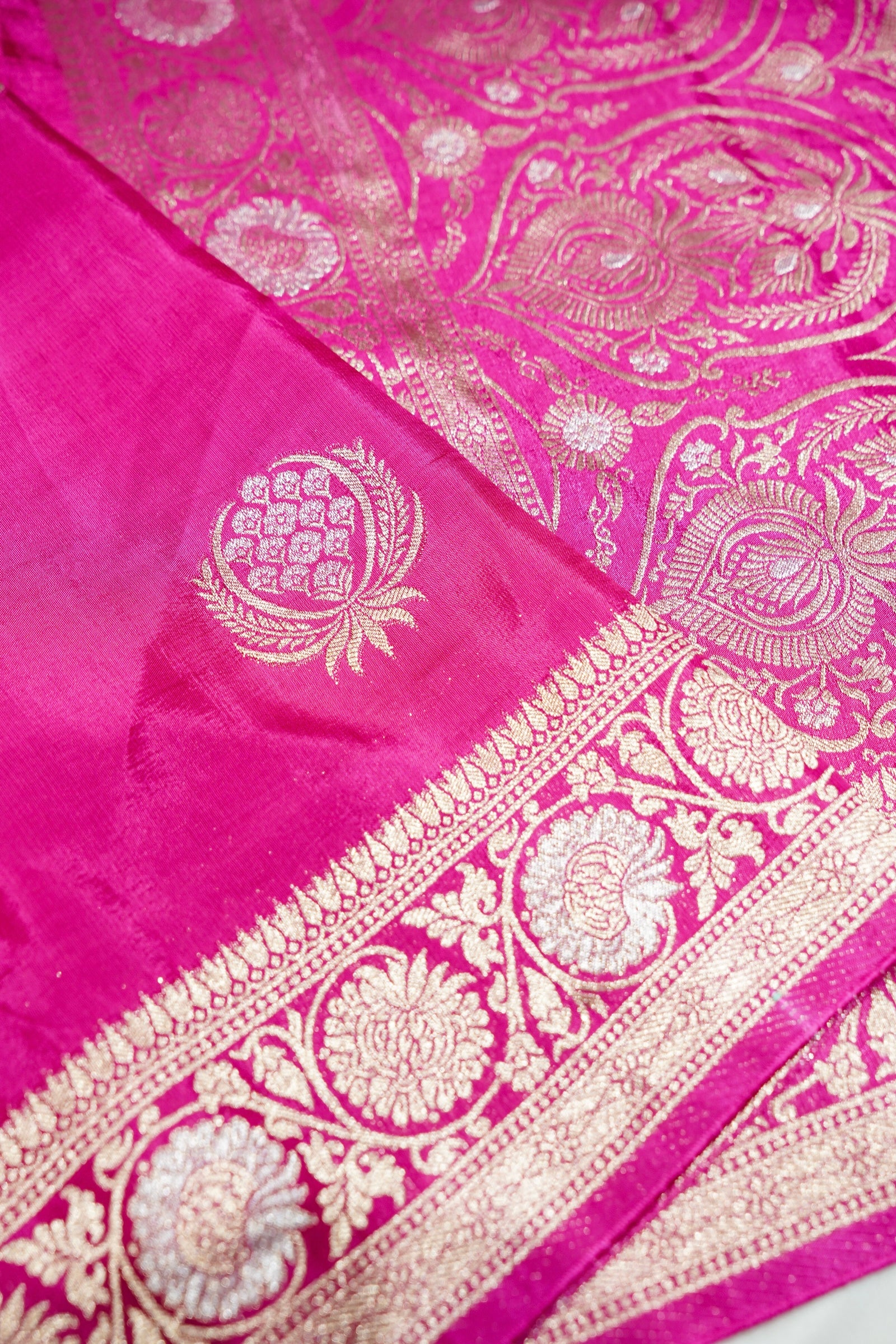 Fuchsia Pink Dupion Silk Saree with Champagne Gold Border