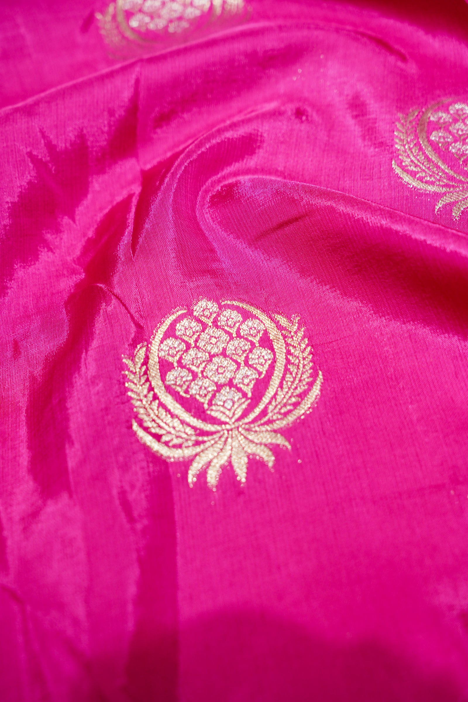 Fuchsia Pink Dupion Silk Saree with Champagne Gold Border