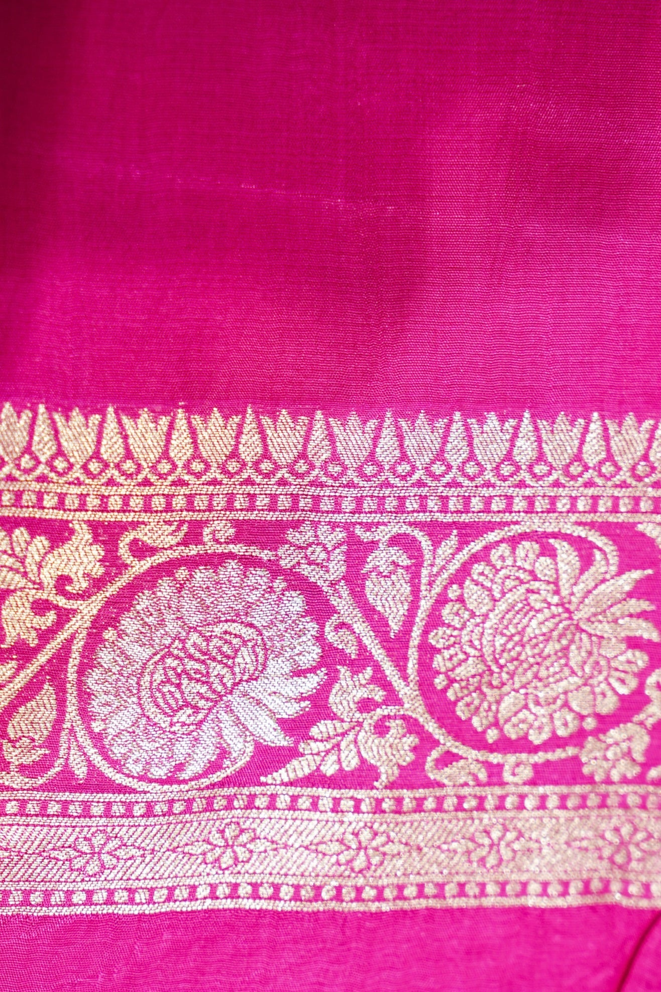 Fuchsia Pink Dupion Silk Saree with Champagne Gold Border