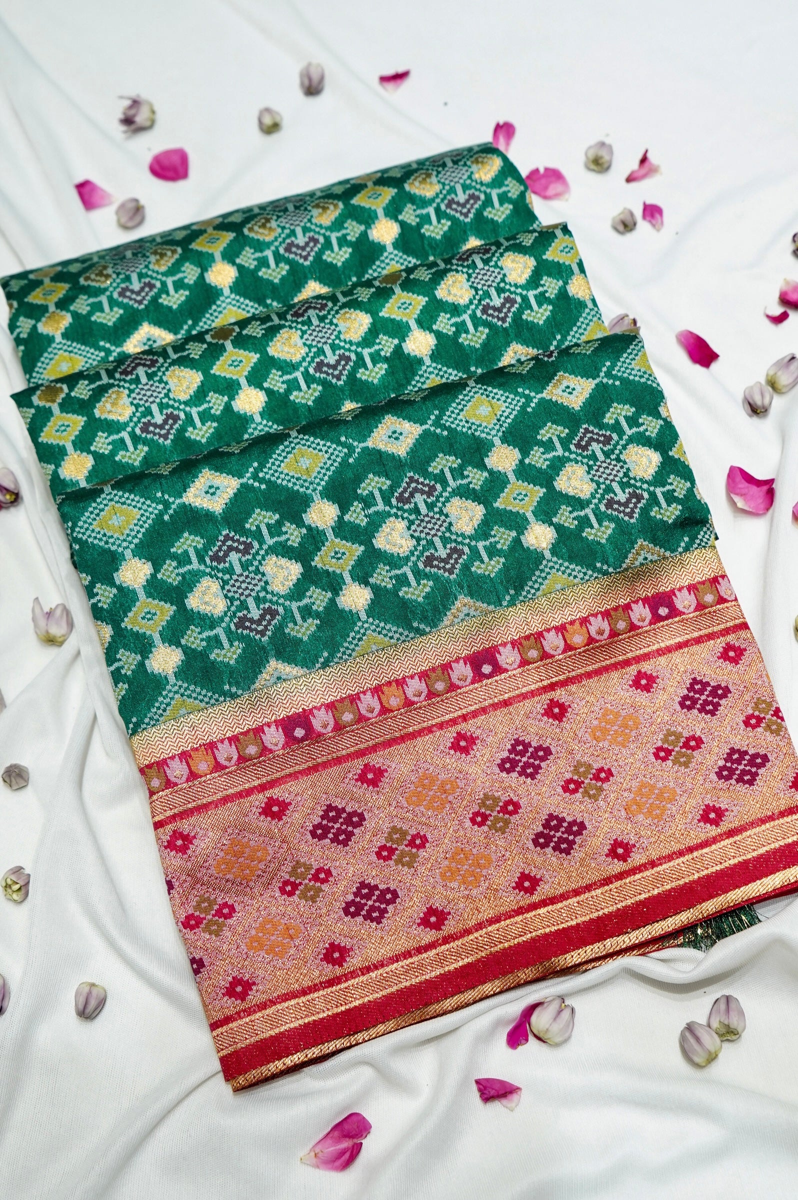 Bottle Green Ikkat Patola Silk Saree with Blush Pink Border