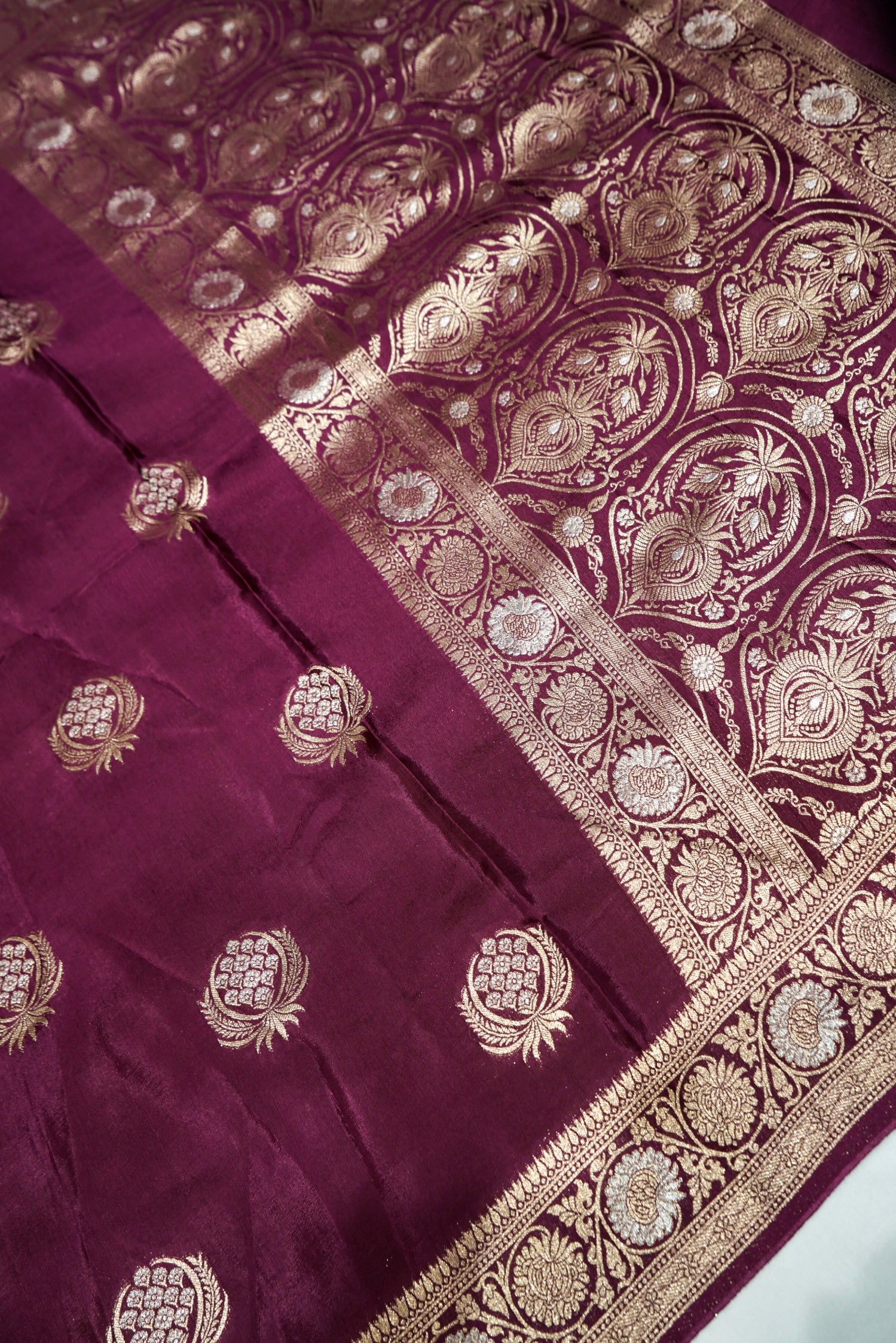 Mulberry Purple Dupion Silk Saree with Champagne Gold Border