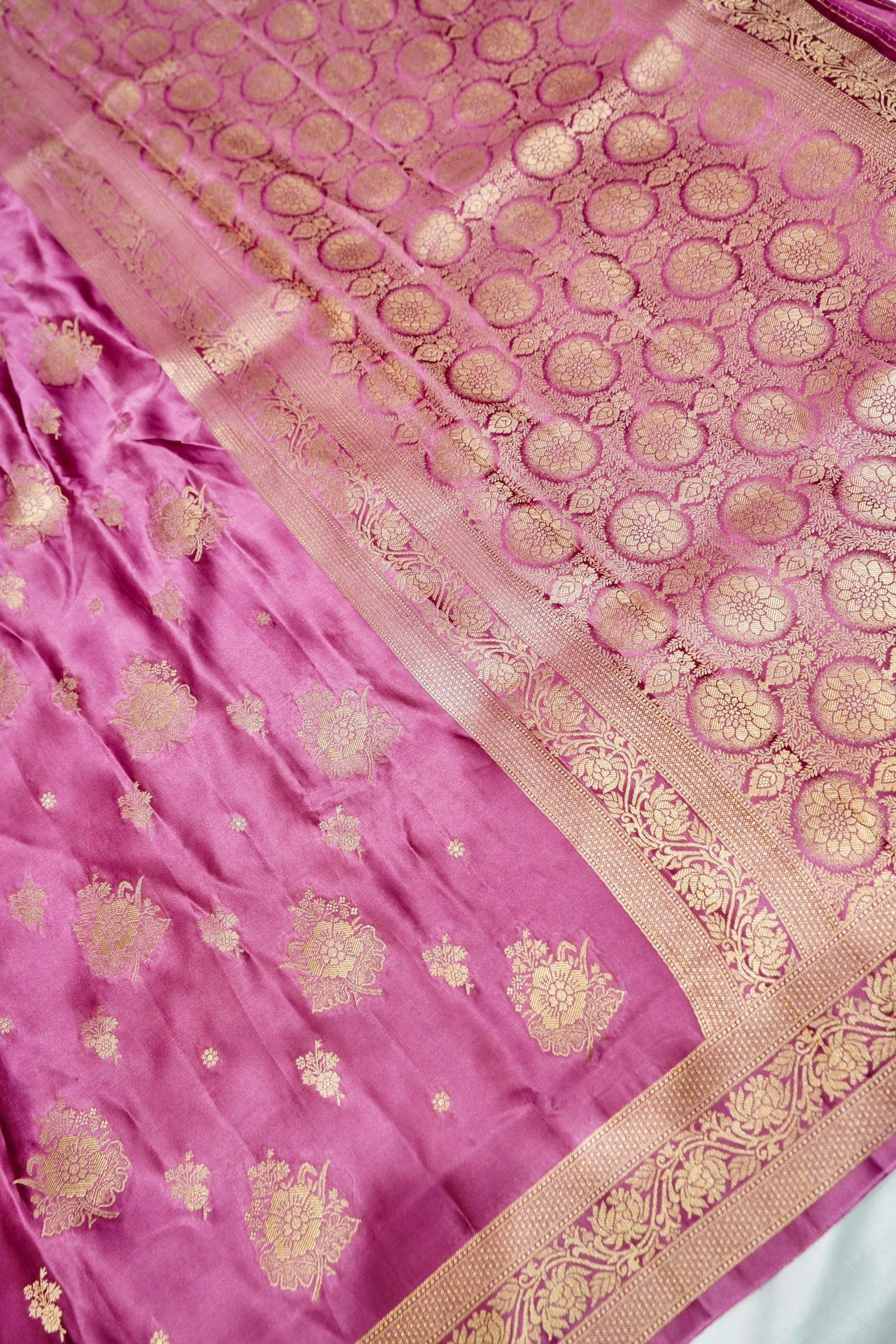 Berry Pink Mashru Silk Saree with Champagne Gold Border